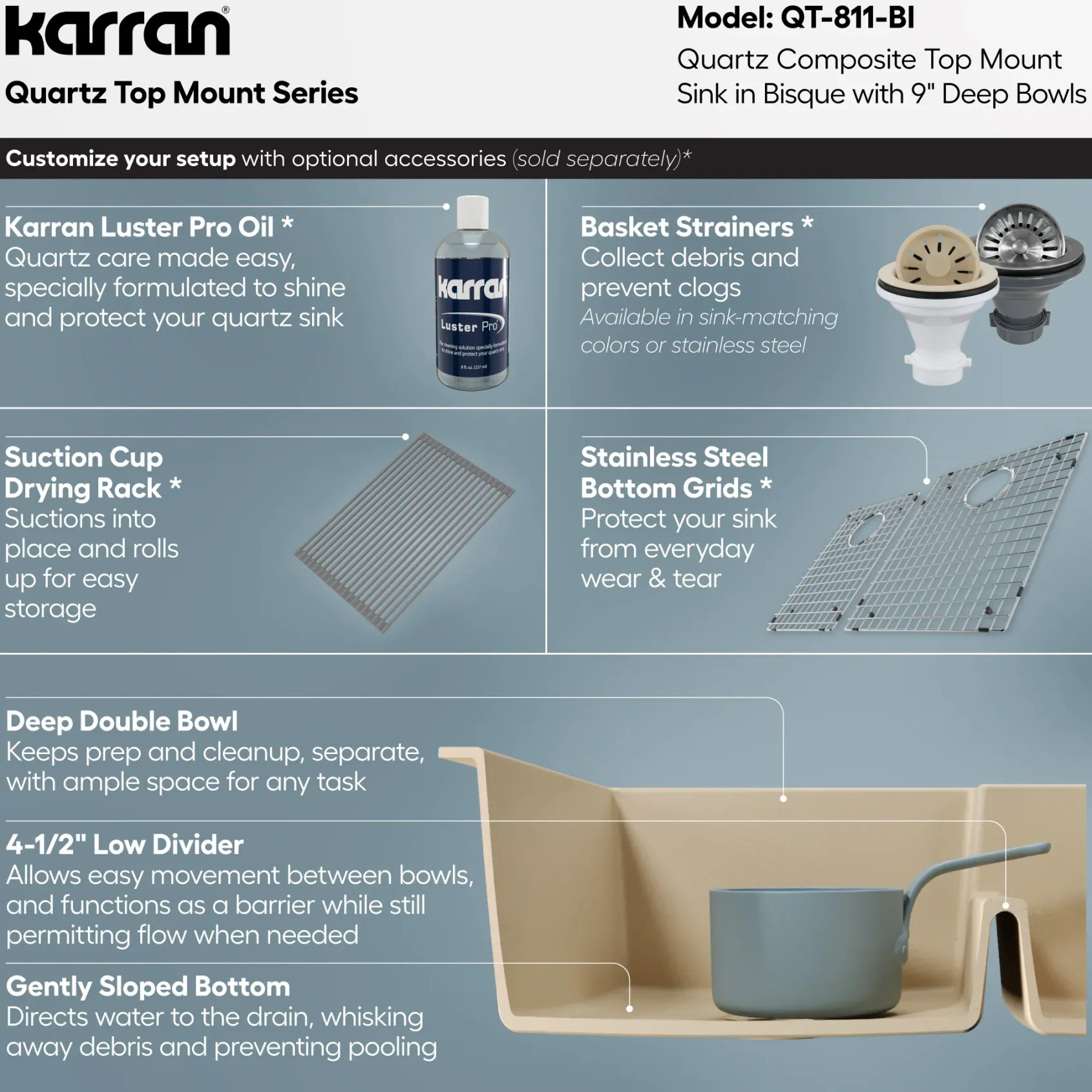 Karran 33" Drop In/Topmount Quartz Composite Kitchen Sink, 60/40 Double Bowl, Bisque, QT-811-BI
