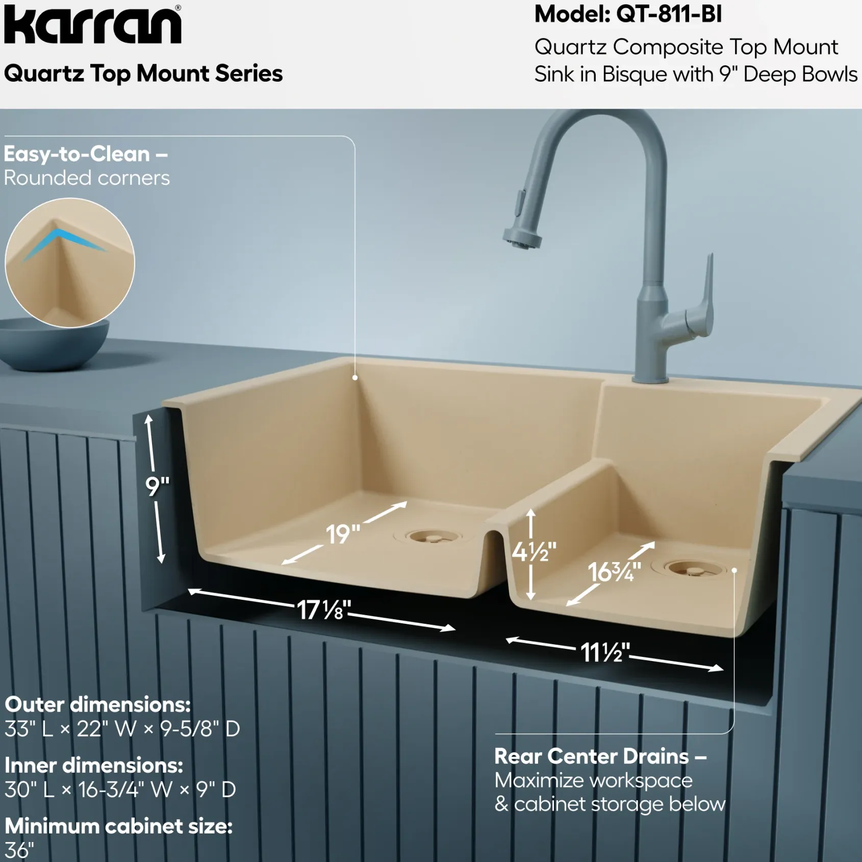Karran 33" Drop In/Topmount Quartz Composite Kitchen Sink, 60/40 Double Bowl, Bisque, QT-811-BI