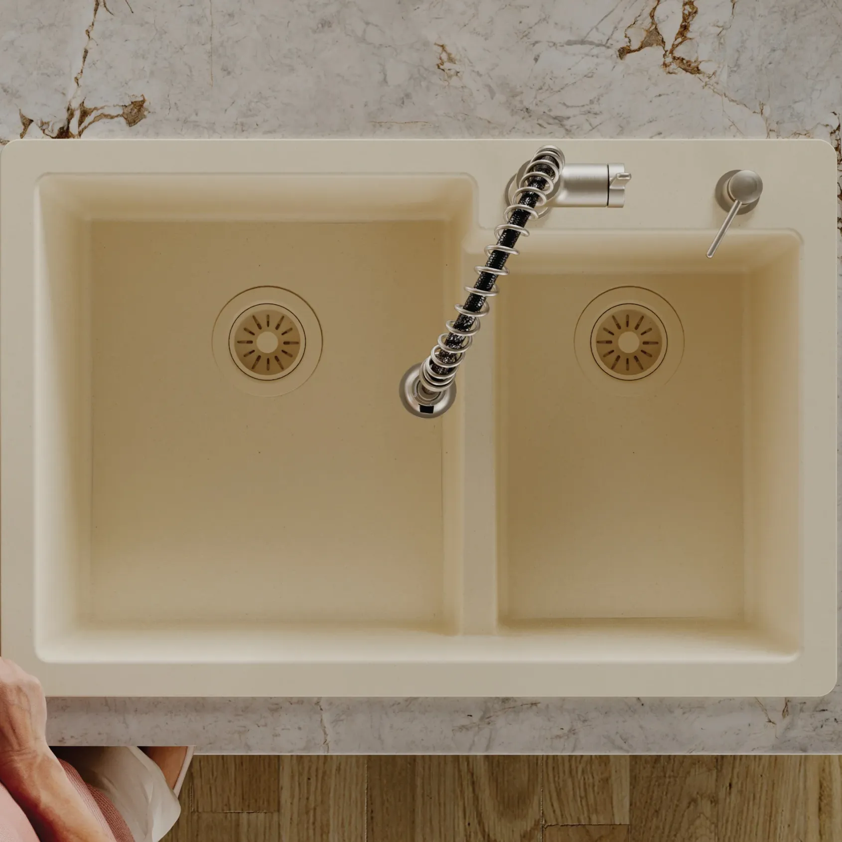 Karran 33" Drop In/Topmount Quartz Composite Kitchen Sink, 60/40 Double Bowl, Bisque, QT-811-BI