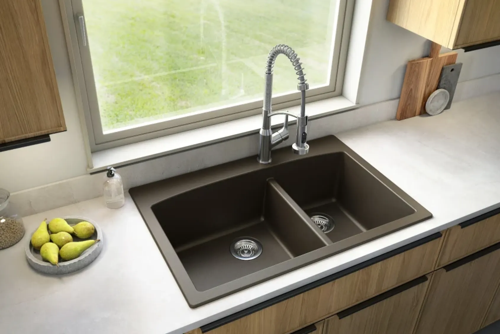 Karran 33" Drop In/Topmount Quartz Composite Kitchen Sink, 60/40 Double Bowl, Brown, QT-711-BR