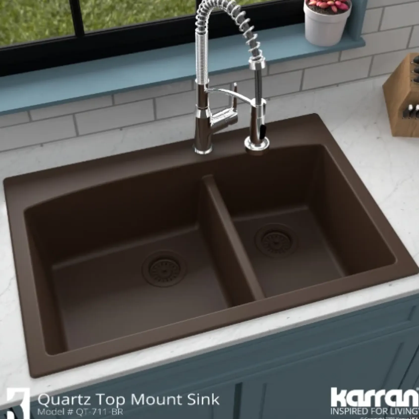 Karran 33" Drop In/Topmount Quartz Composite Kitchen Sink, 60/40 Double Bowl, Brown, QT-711-BR