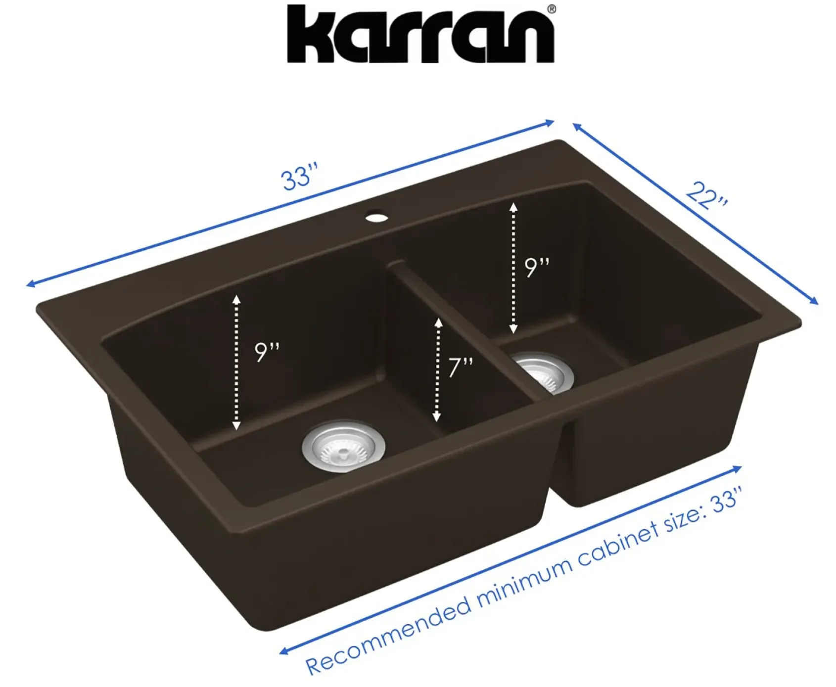 Karran 33" Drop In/Topmount Quartz Composite Kitchen Sink, 60/40 Double Bowl, Brown, QT-711-BR