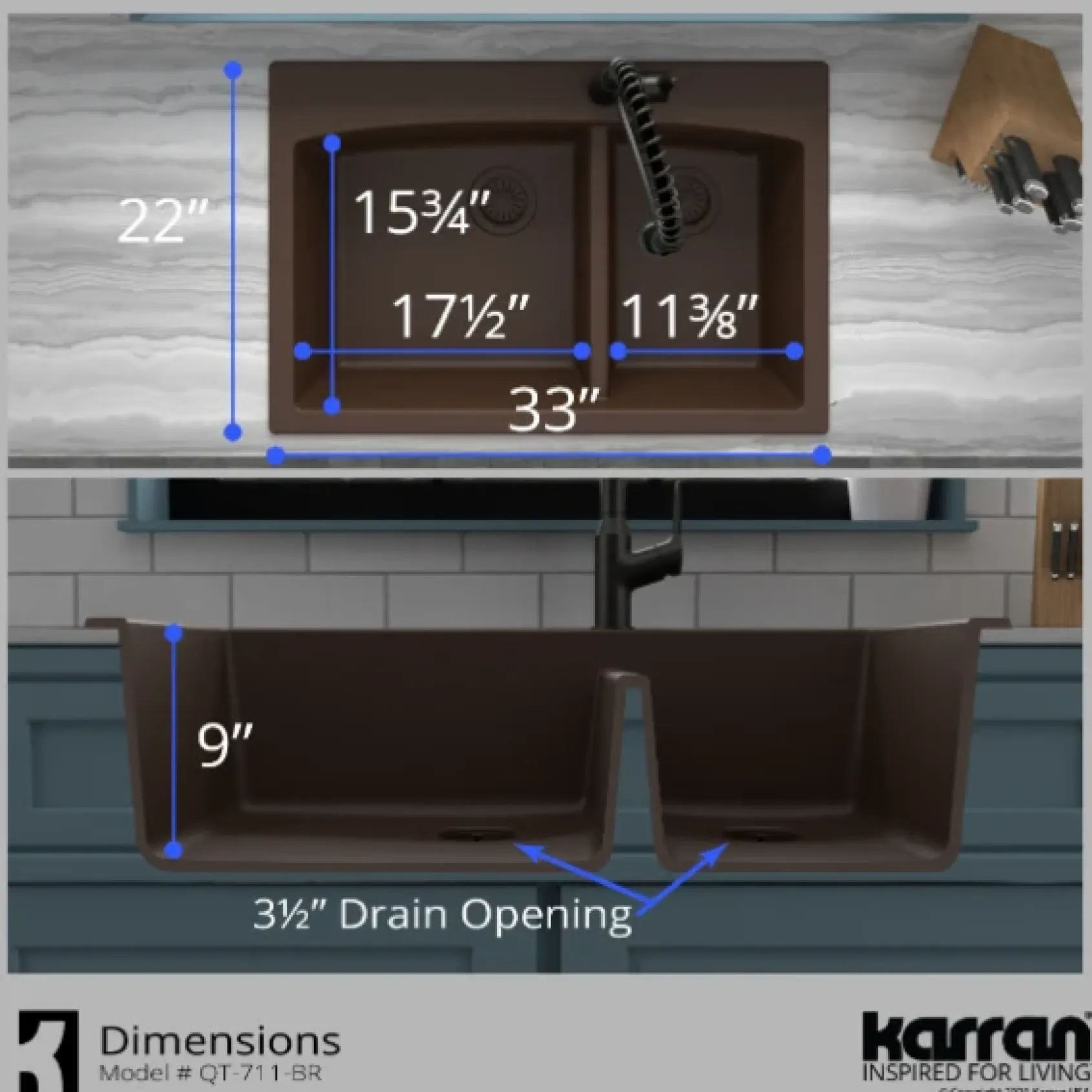 Karran 33" Drop In/Topmount Quartz Composite Kitchen Sink, 60/40 Double Bowl, Brown, QT-711-BR