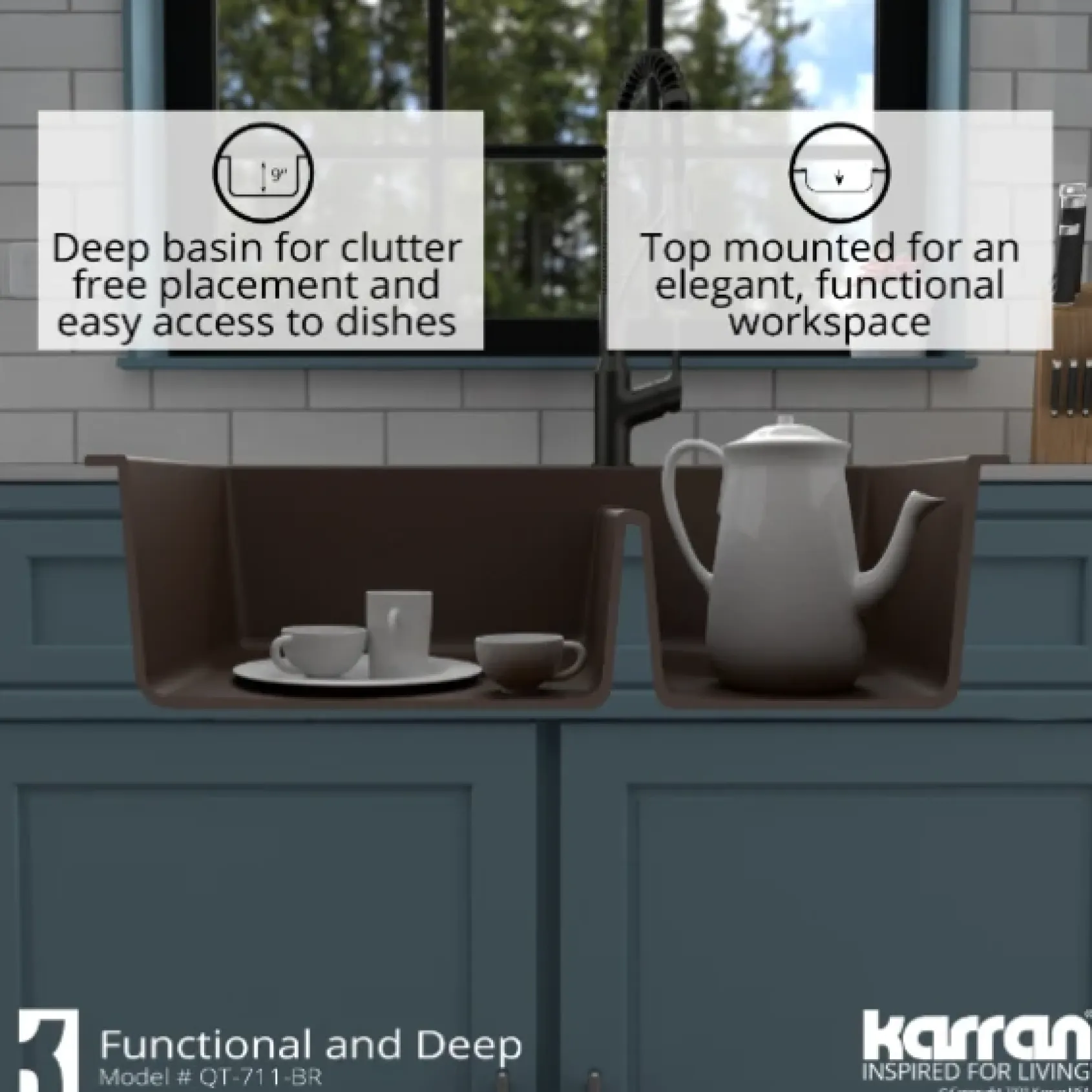 Karran 33" Drop In/Topmount Quartz Composite Kitchen Sink, 60/40 Double Bowl, Brown, QT-711-BR