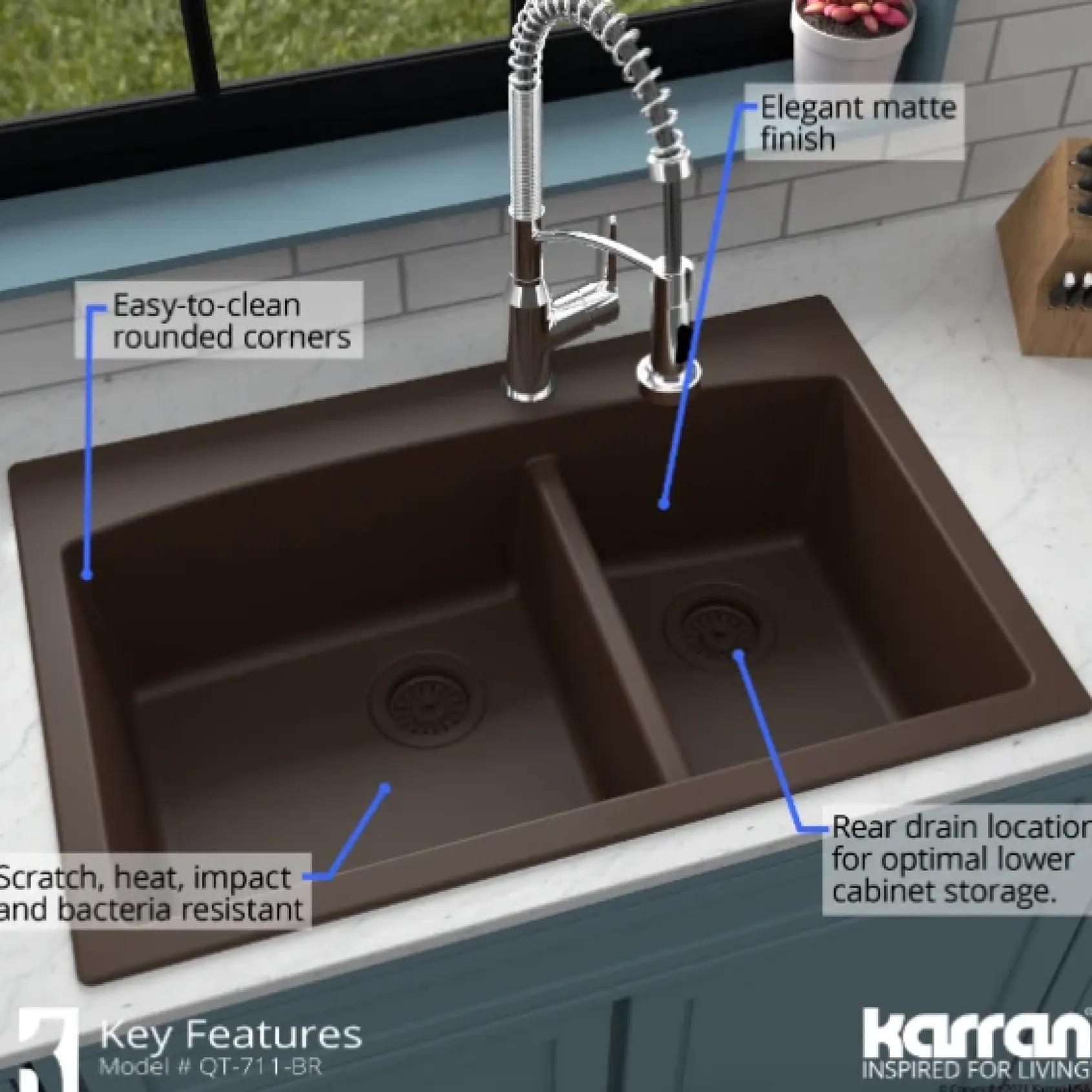 Karran 33" Drop In/Topmount Quartz Composite Kitchen Sink, 60/40 Double Bowl, Brown, QT-711-BR