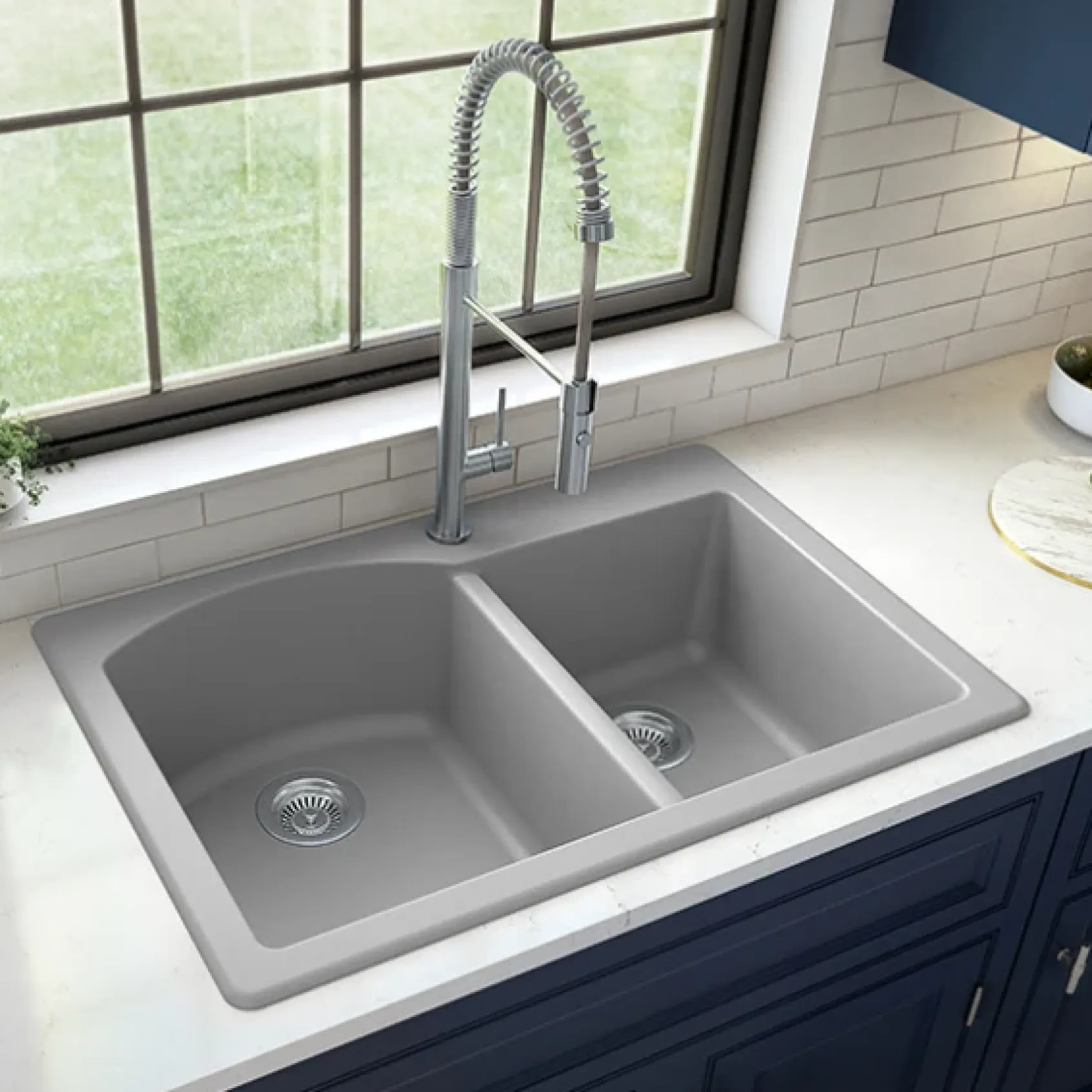 Karran 33" Drop In/Topmount Quartz Composite Kitchen Sink, 60/40 Double Bowl, Grey, QT-610-GR