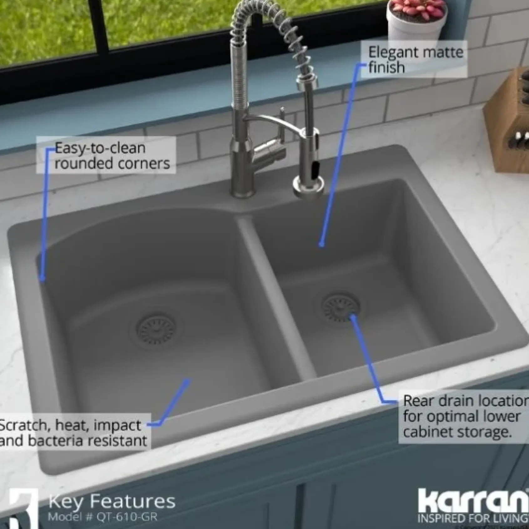 Karran 33" Drop In/Topmount Quartz Composite Kitchen Sink, 60/40 Double Bowl, Grey, QT-610-GR