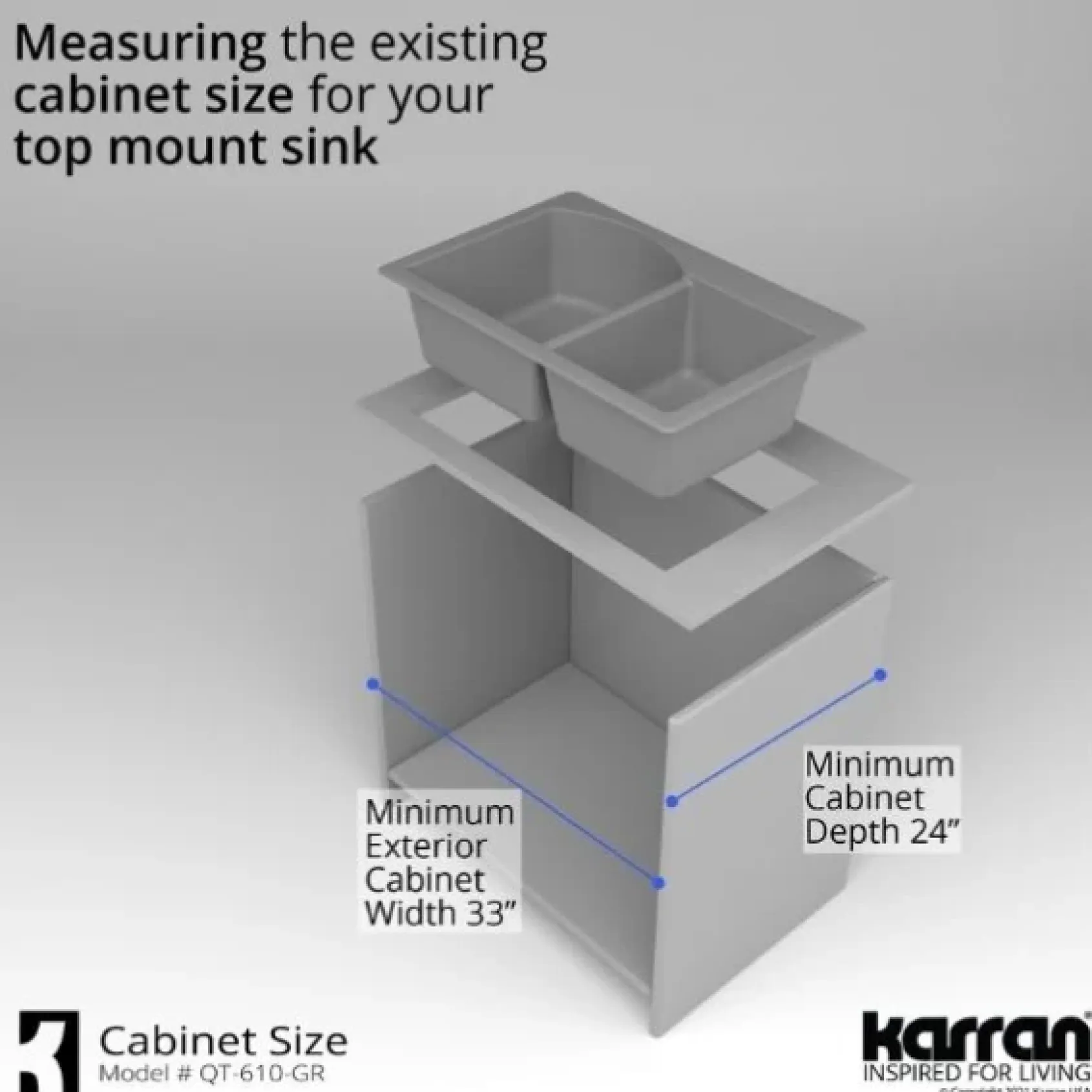 Karran 33" Drop In/Topmount Quartz Composite Kitchen Sink, 60/40 Double Bowl, Grey, QT-610-GR-PK1