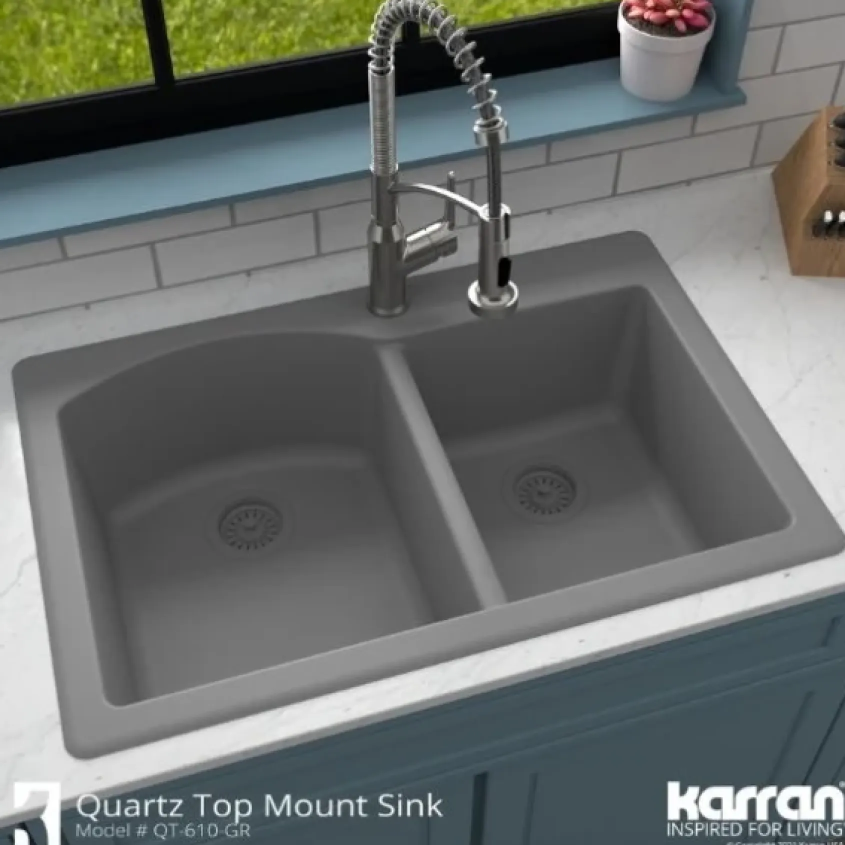 Karran 33" Drop In/Topmount Quartz Composite Kitchen Sink, 60/40 Double Bowl, Grey, QT-610-GR-PK1