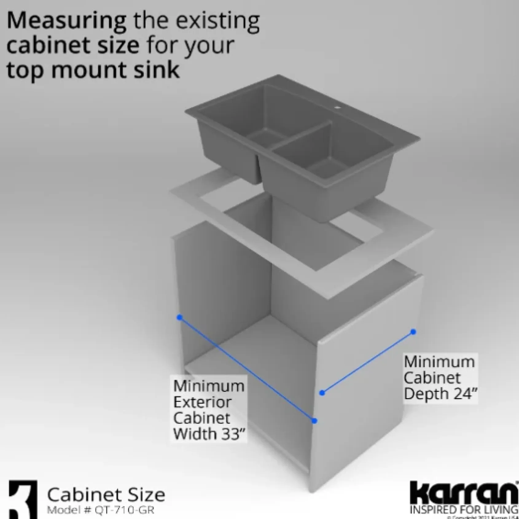 Karran 33" Drop In/Topmount Quartz Composite Kitchen Sink, 50/50 Double Bowl, Grey, QT-710-GR