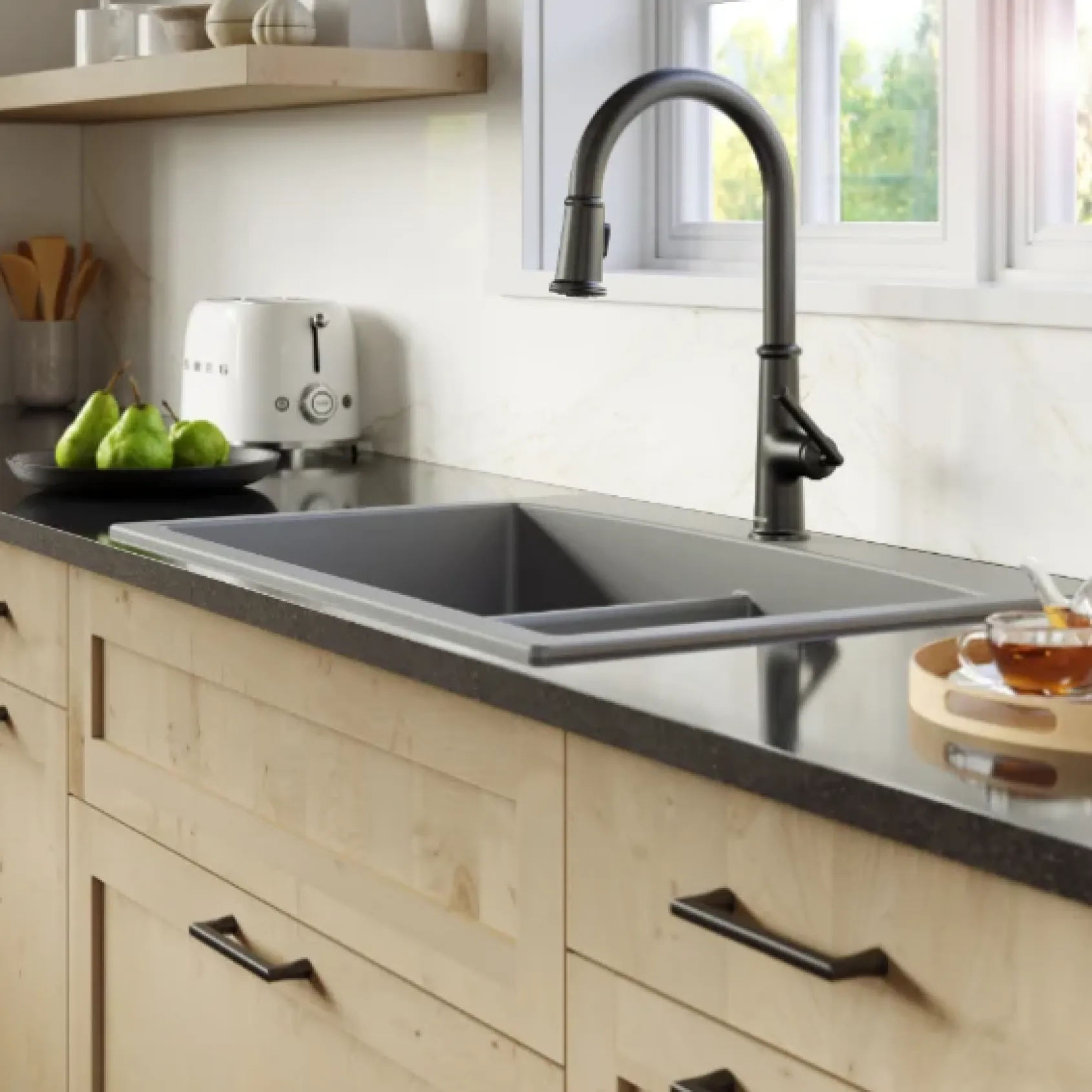 Karran 33" Drop In/Topmount Quartz Composite Kitchen Sink, 50/50 Double Bowl, Grey, QT-710-GR