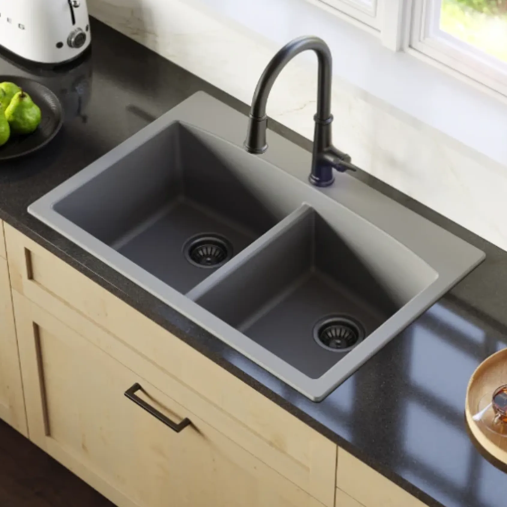 Karran 33" Drop In/Topmount Quartz Composite Kitchen Sink, 50/50 Double Bowl, Grey, QT-710-GR