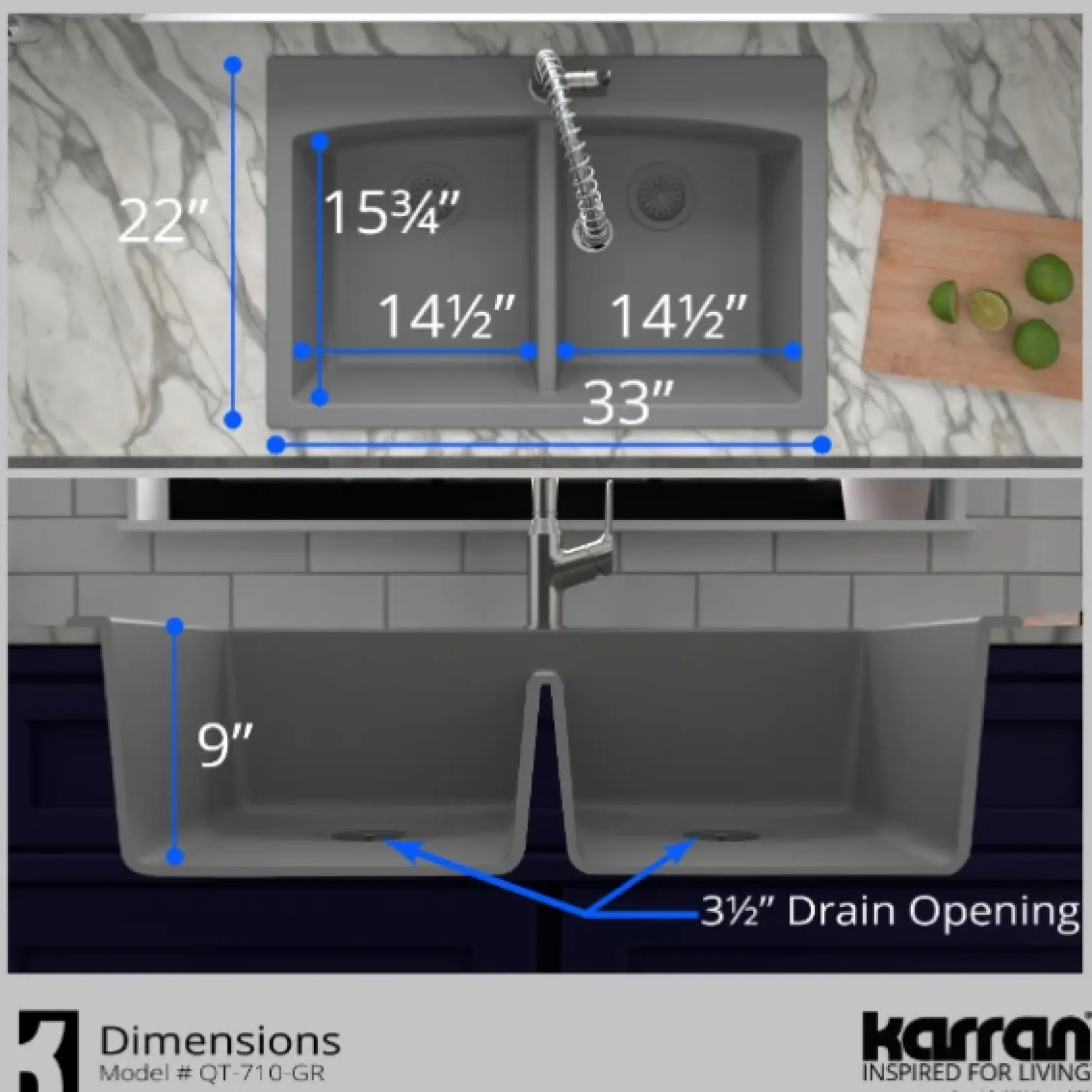Karran 33" Drop In/Topmount Quartz Composite Kitchen Sink, 50/50 Double Bowl, Grey, QT-710-GR