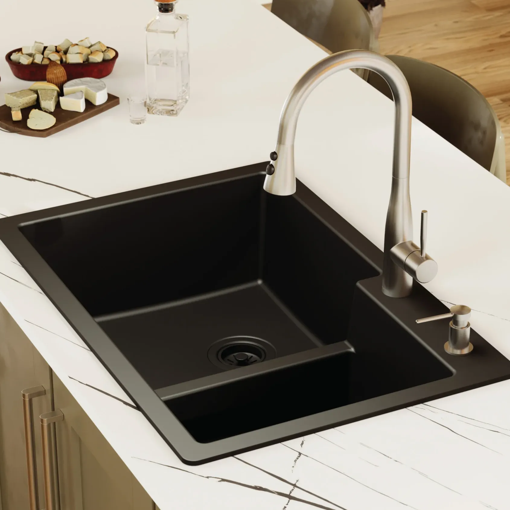 Karran 33" Drop In/Topmount Quartz Composite Kitchen Sink, 60/40 Double Bowl, Black, QT-811-BL