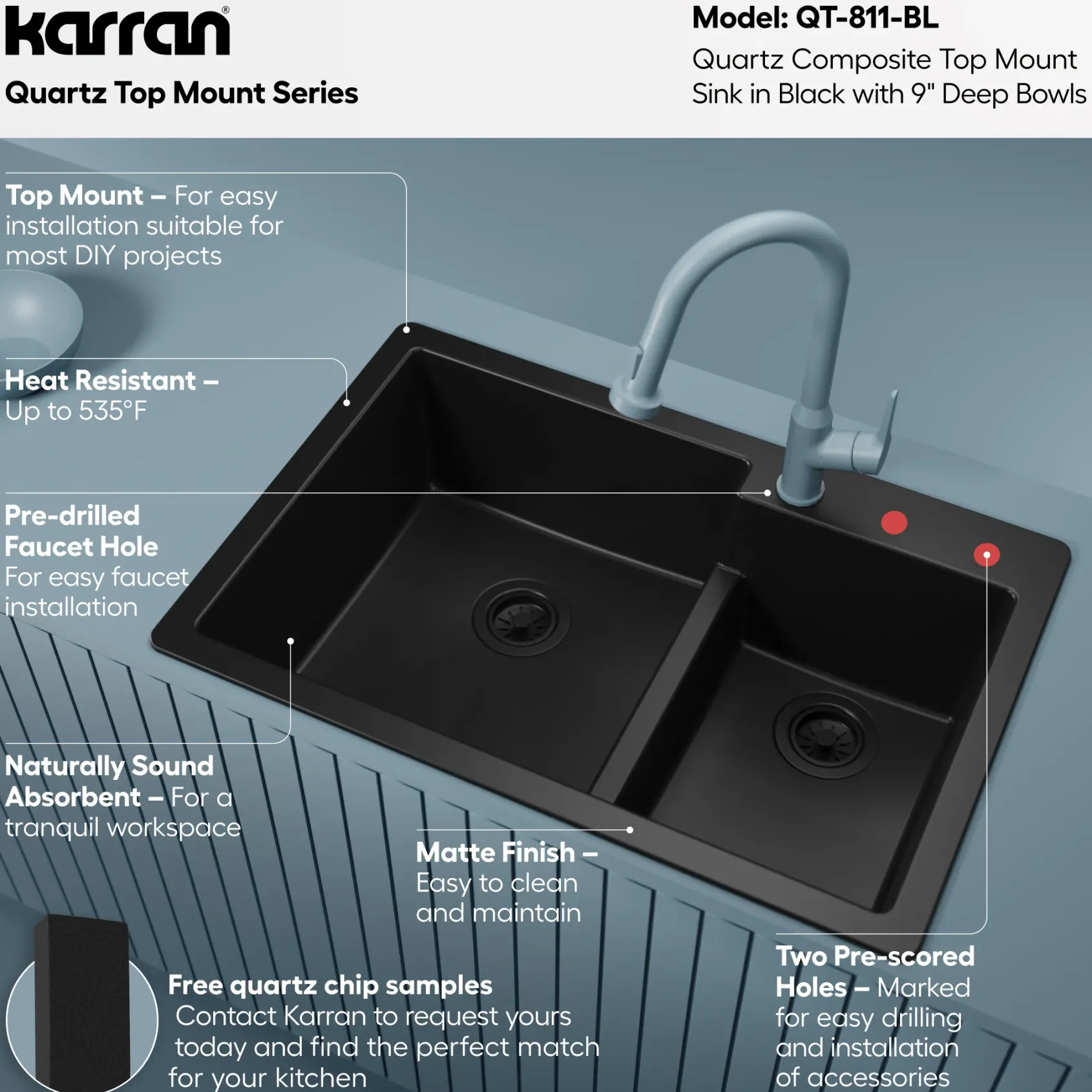 Karran 33" Drop In/Topmount Quartz Composite Kitchen Sink, 60/40 Double Bowl, Black, QT-811-BL