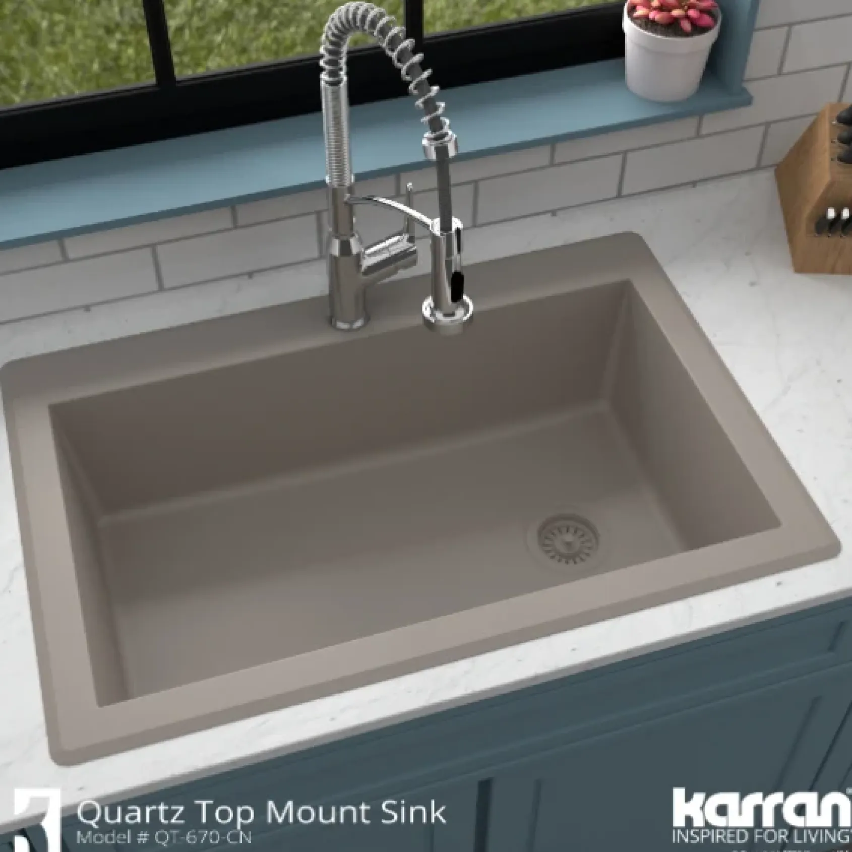 Karran 33" Drop In/Topmount Quartz Composite Kitchen Sink, Concrete, QT-670-CN-PK1