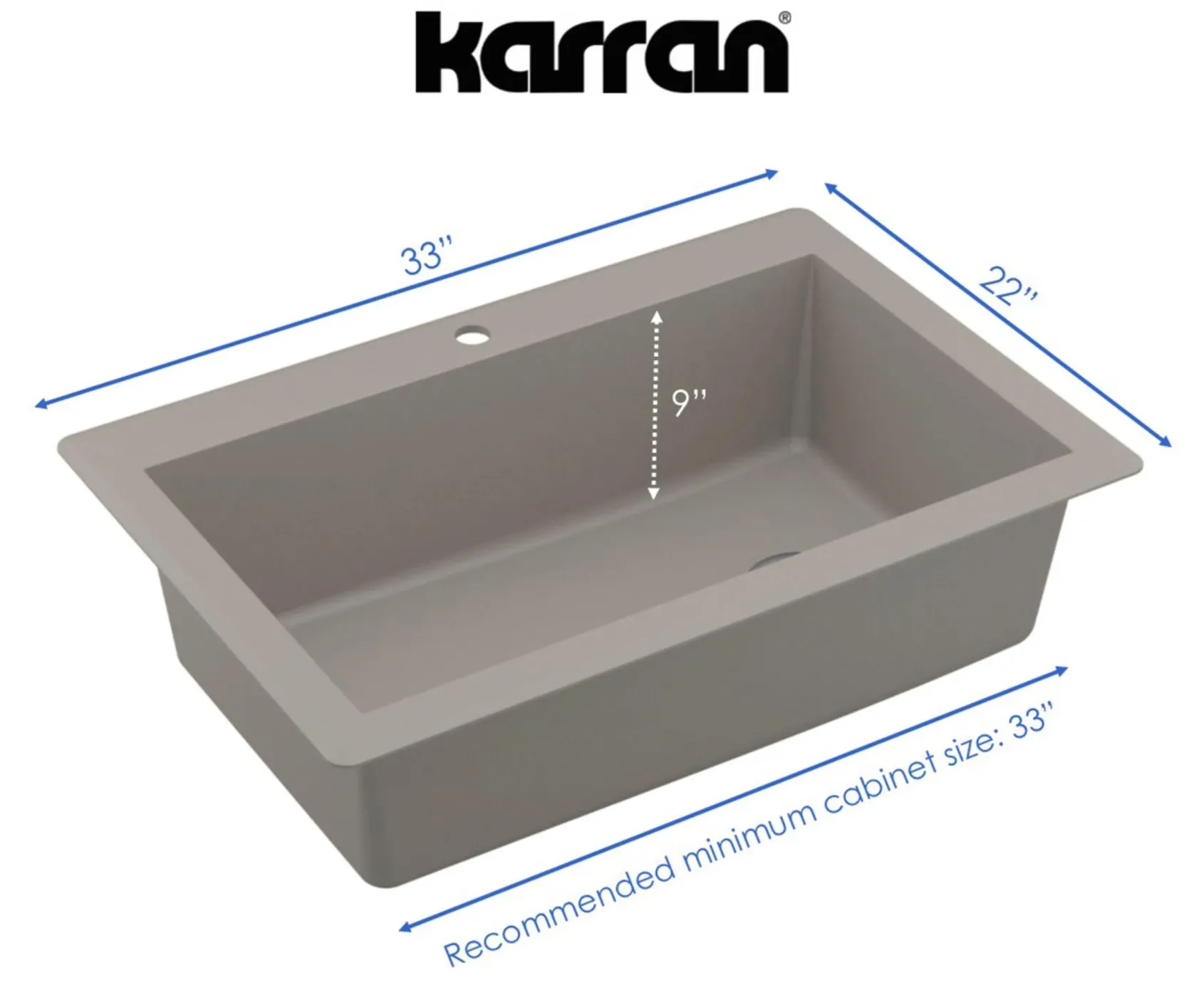 Karran 33" Drop In/Topmount Quartz Composite Kitchen Sink, Concrete, QT-670-CN-PK1