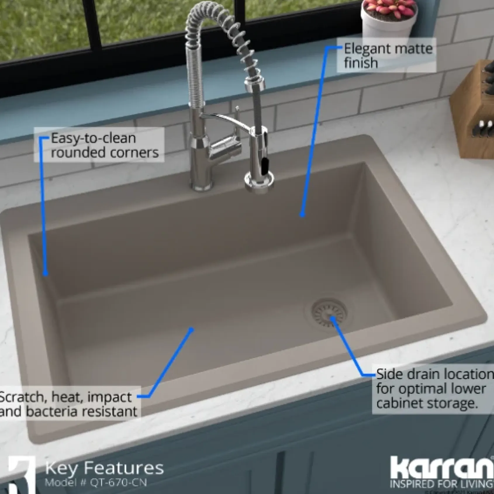 Karran 33" Drop In/Topmount Quartz Composite Kitchen Sink, Concrete, QT-670-CN-PK1