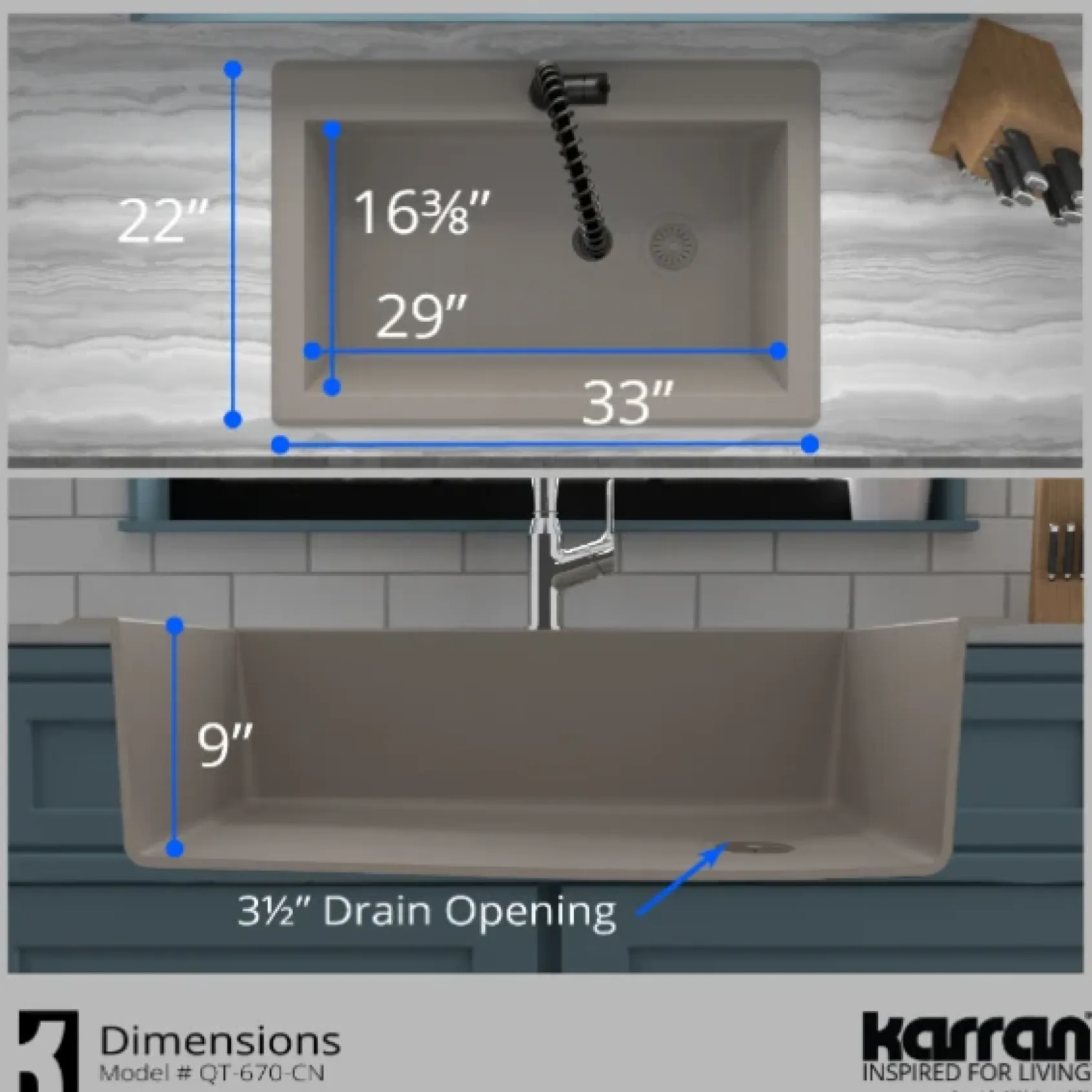 Karran 33" Drop In/Topmount Quartz Composite Kitchen Sink, Concrete, QT-670-CN-PK1