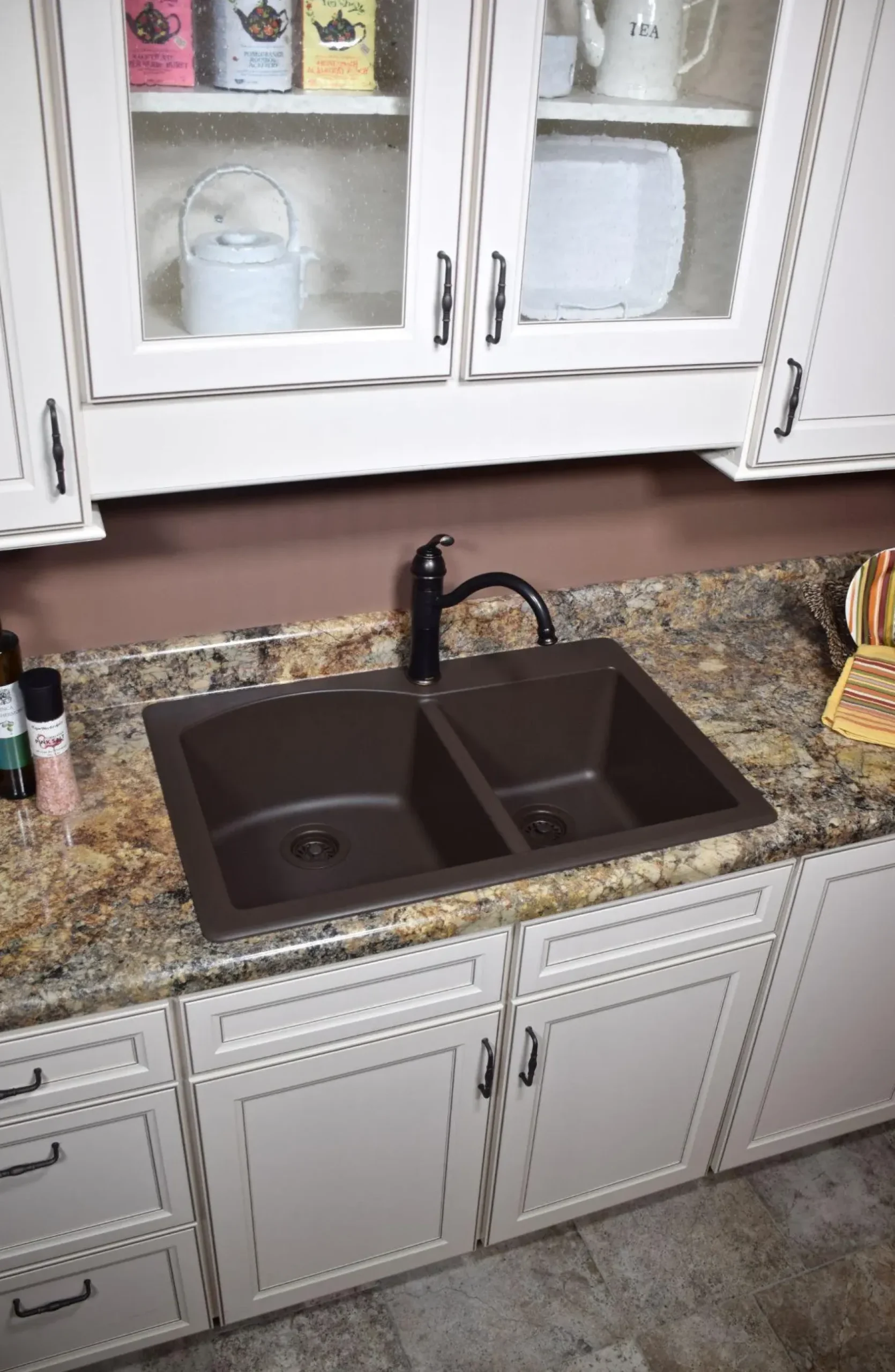 Karran 33" Drop In/Topmount Quartz Composite Kitchen Sink, 60/40 Double Bowl, Brown, QT-610-BR-PK1