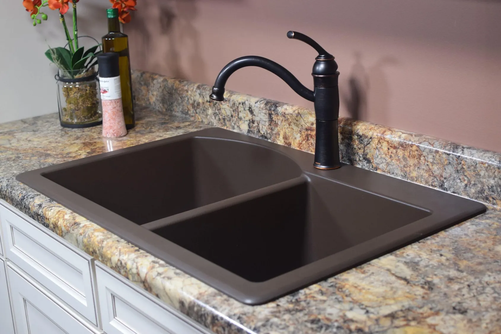 Karran 33" Drop In/Topmount Quartz Composite Kitchen Sink, 60/40 Double Bowl, Brown, QT-610-BR-PK1
