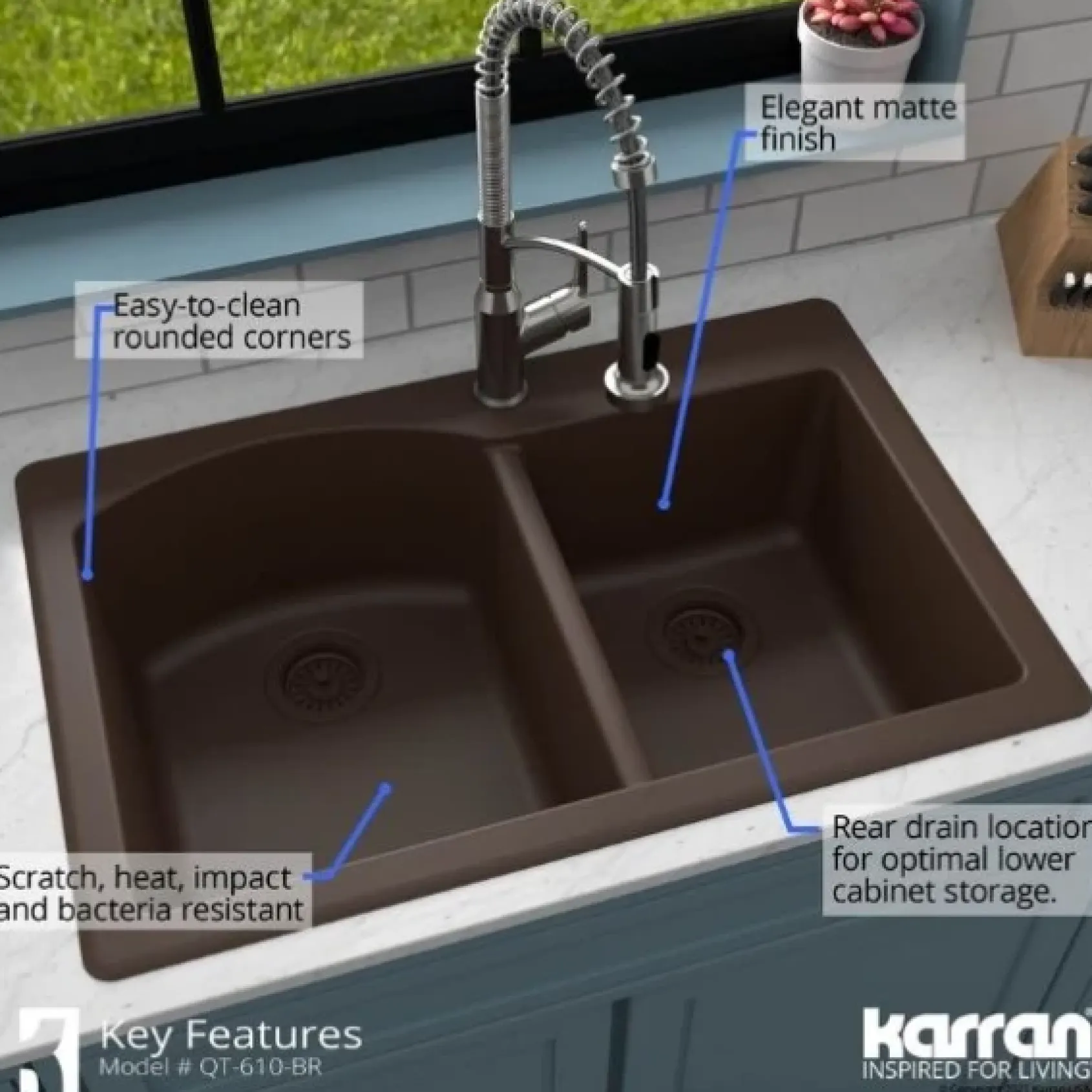 Karran 33" Drop In/Topmount Quartz Composite Kitchen Sink, 60/40 Double Bowl, Brown, QT-610-BR-PK1