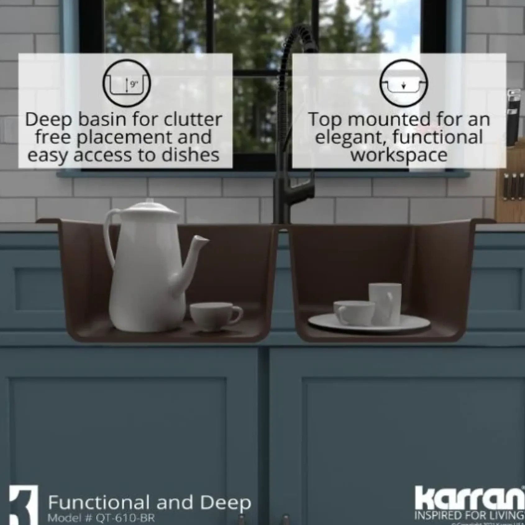 Karran 33" Drop In/Topmount Quartz Composite Kitchen Sink, 60/40 Double Bowl, Brown, QT-610-BR-PK1