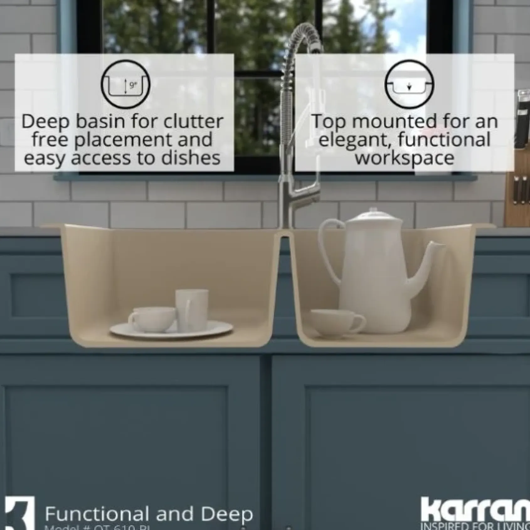 Karran 33" Drop In/Topmount Quartz Composite Kitchen Sink, 60/40 Double Bowl, Bisque, QT-610-BI-PK1
