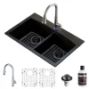 Karran 33" Drop In/Topmount Quartz Composite Kitchen Sink with Stainless Steel Faucet and Accessories, 50/50 Double Bowl, Black, QT710BLKKF330SS