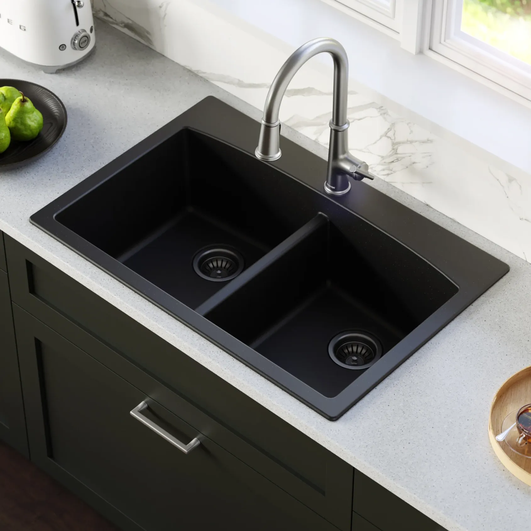 Karran 33" Drop In/Topmount Quartz Composite Kitchen Sink with Stainless Steel Faucet and Accessories, 50/50 Double Bowl, Black, QT710BLKKF330SS