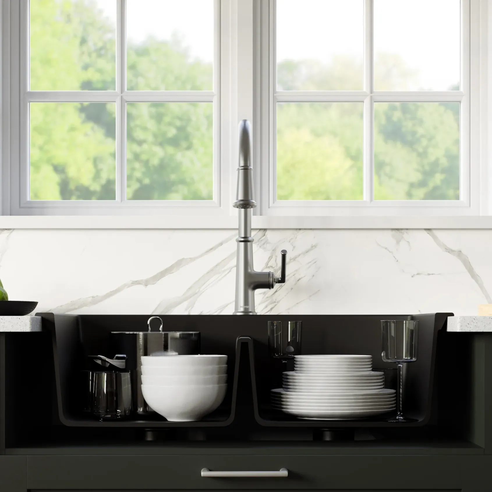 Karran 33" Drop In/Topmount Quartz Composite Kitchen Sink with Stainless Steel Faucet and Accessories, 50/50 Double Bowl, Black, QT710BLKKF330SS