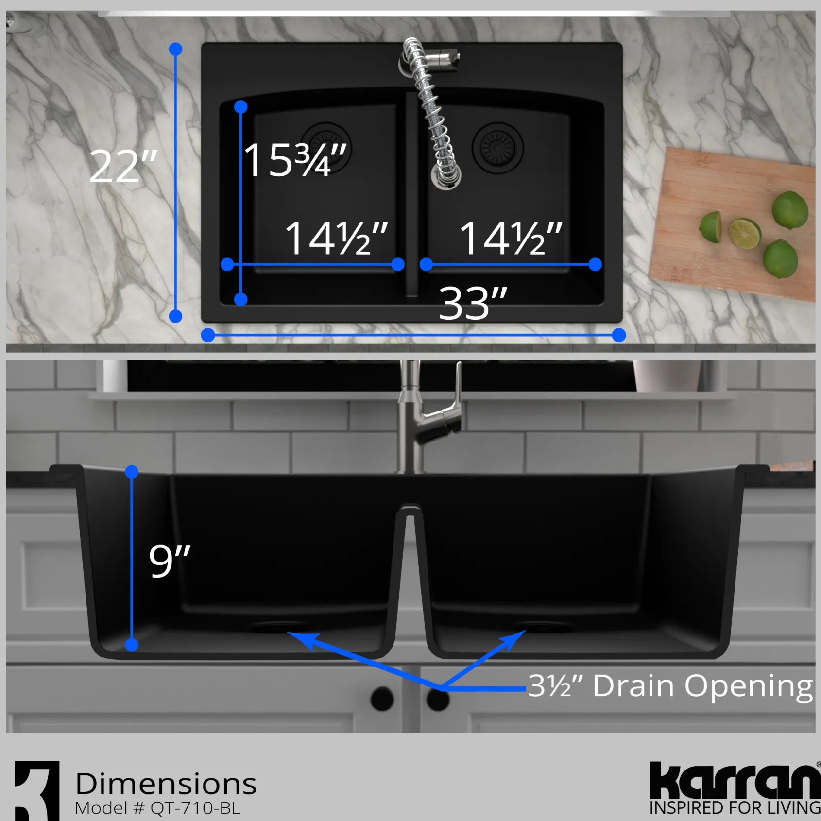 Karran 33" Drop In/Topmount Quartz Composite Kitchen Sink with Stainless Steel Faucet and Accessories, 50/50 Double Bowl, Black, QT710BLKKF330SS