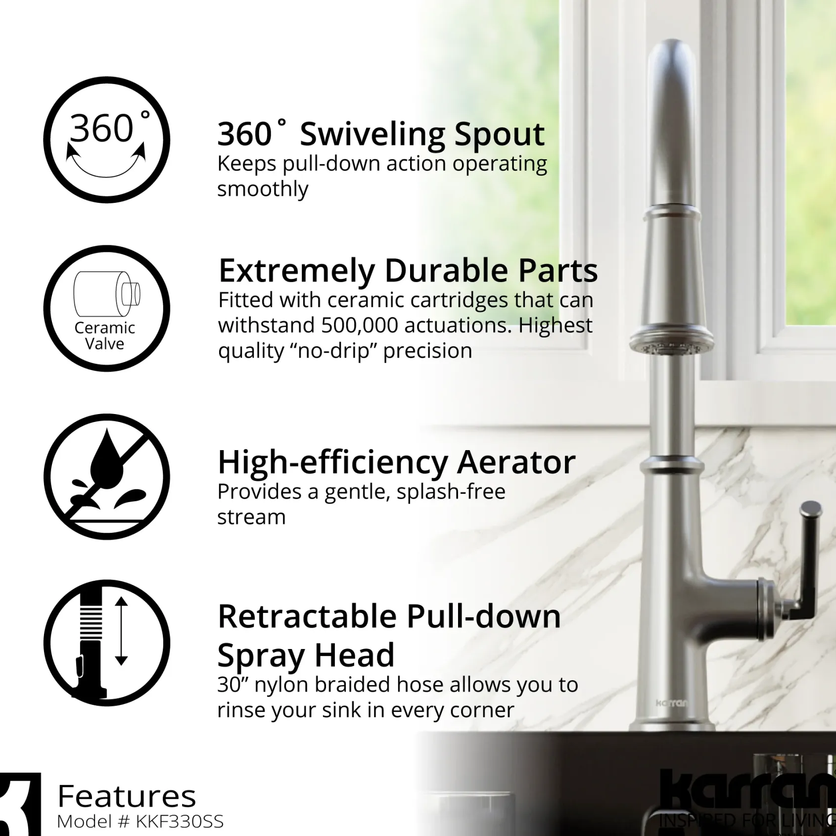 Karran 33" Drop In/Topmount Quartz Composite Kitchen Sink with Stainless Steel Faucet and Accessories, 50/50 Double Bowl, Black, QT710BLKKF330SS
