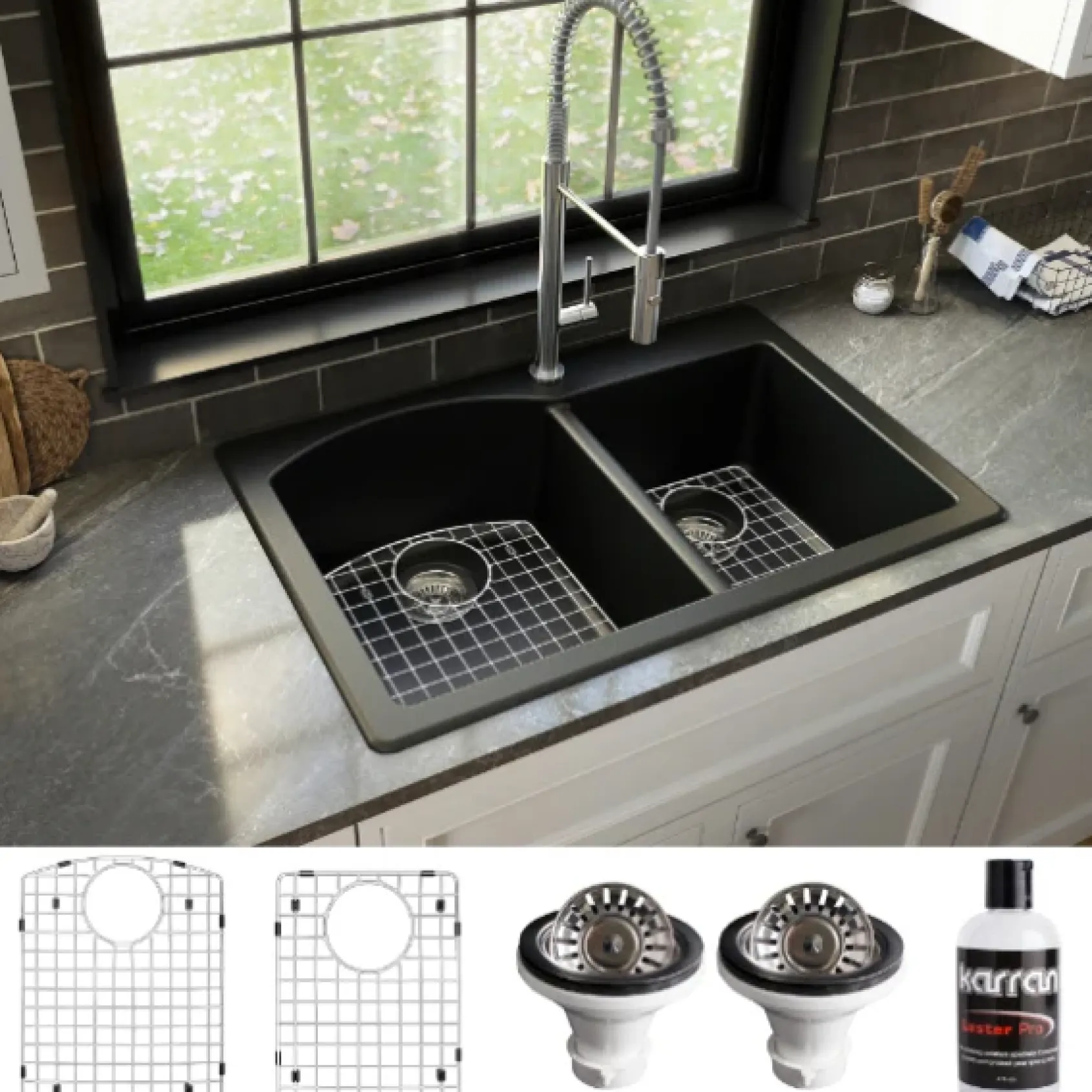 Karran 33" Drop In/Topmount Quartz Composite Kitchen Sink, 60/40 Double Bowl, Black, QT-610-BL-PK1