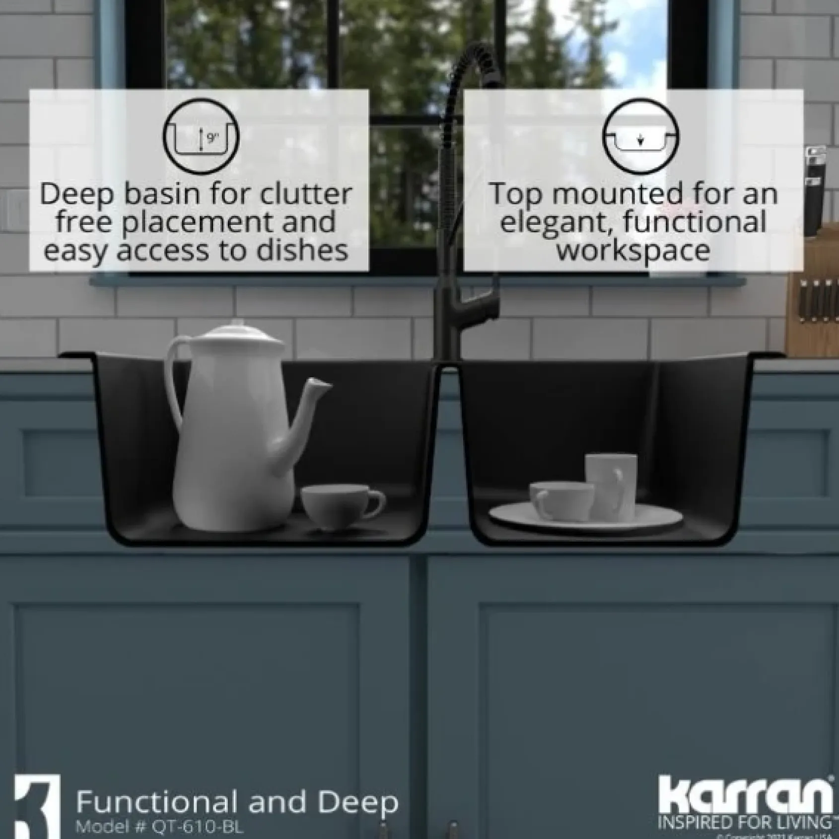 Karran 33" Drop In/Topmount Quartz Composite Kitchen Sink, 60/40 Double Bowl, Black, QT-610-BL-PK1