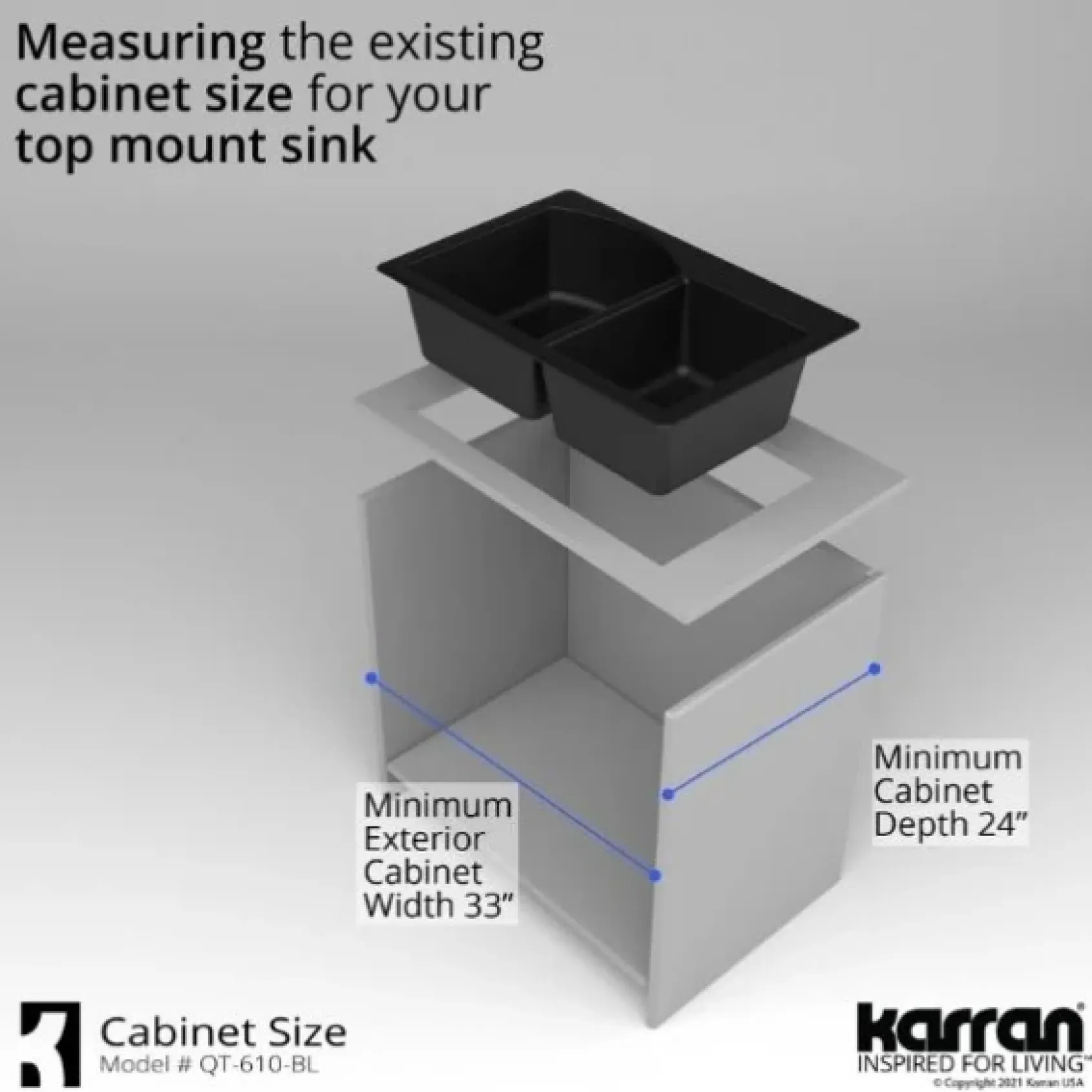 Karran 33" Drop In/Topmount Quartz Composite Kitchen Sink, 60/40 Double Bowl, Black, QT-610-BL-PK1