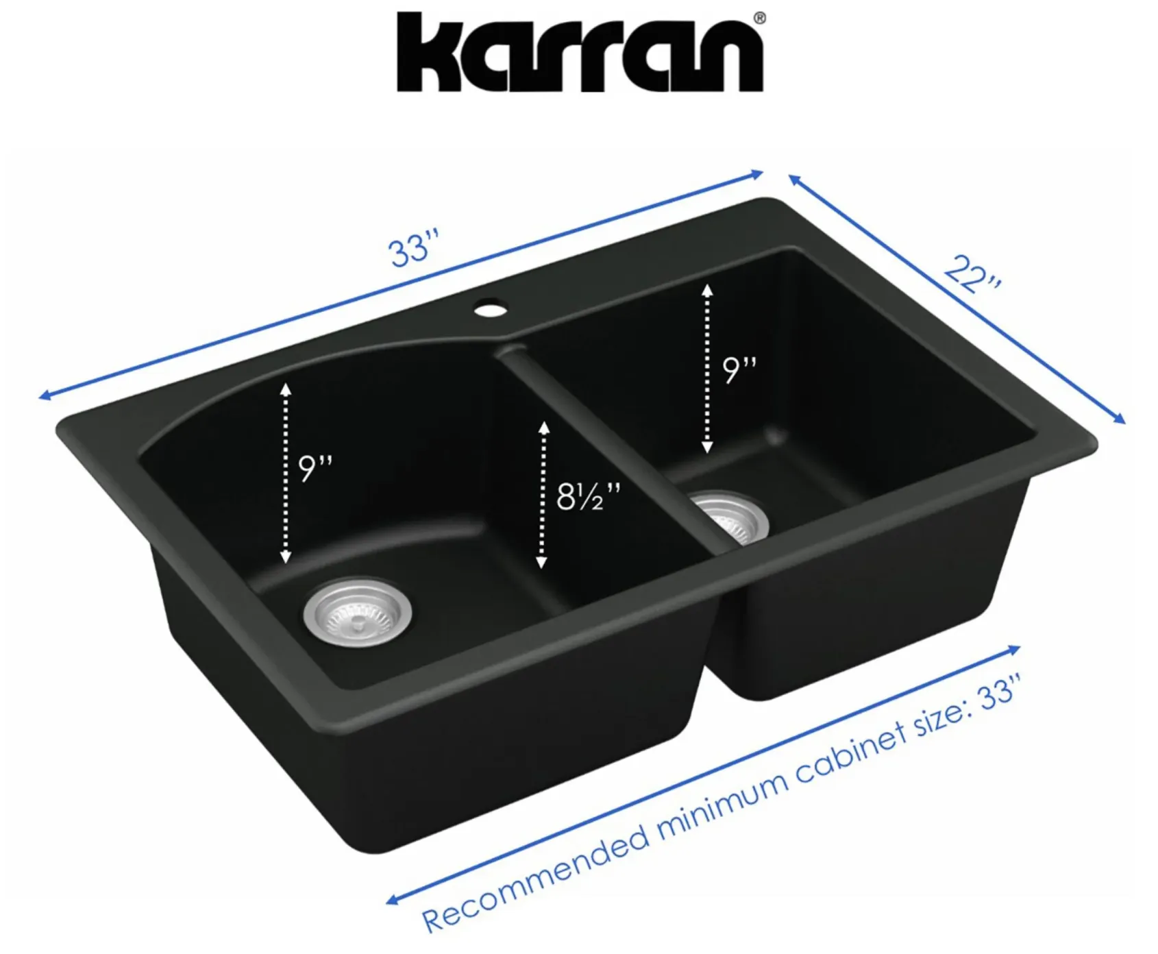 Karran 33" Drop In/Topmount Quartz Composite Kitchen Sink, 60/40 Double Bowl, Black, QT-610-BL-PK1