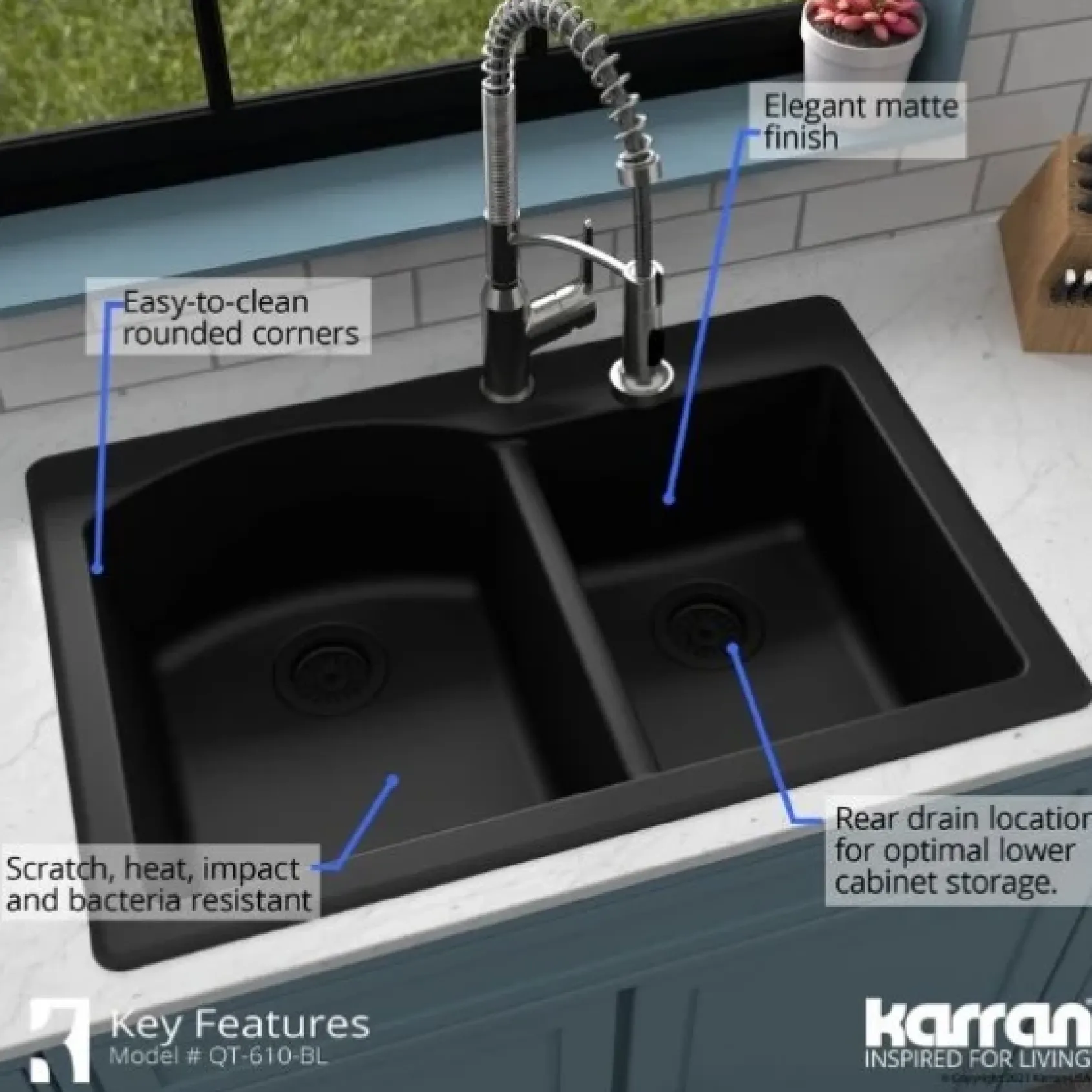 Karran 33" Drop In/Topmount Quartz Composite Kitchen Sink, 60/40 Double Bowl, Black, QT-610-BL-PK1