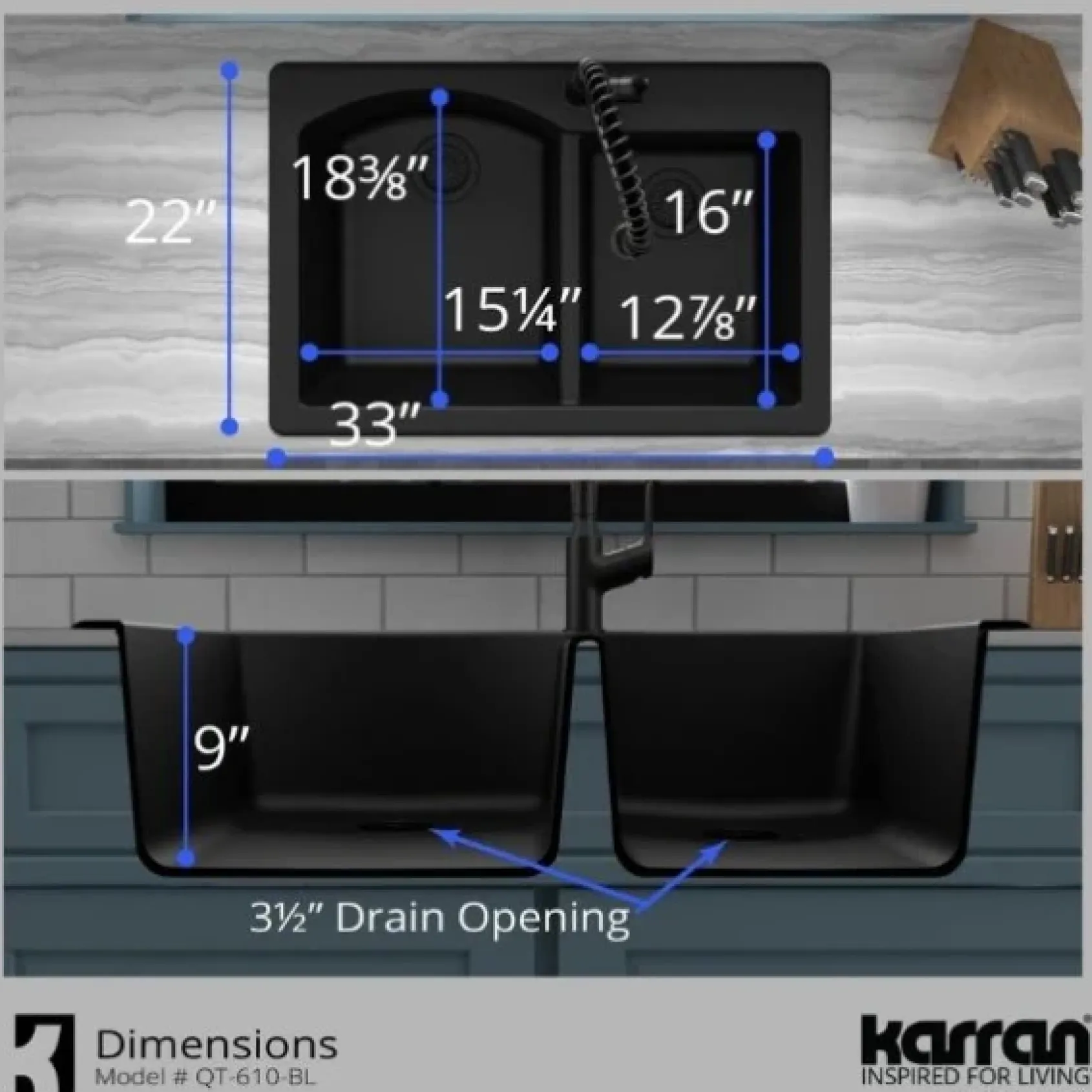 Karran 33" Drop In/Topmount Quartz Composite Kitchen Sink, 60/40 Double Bowl, Black, QT-610-BL-PK1