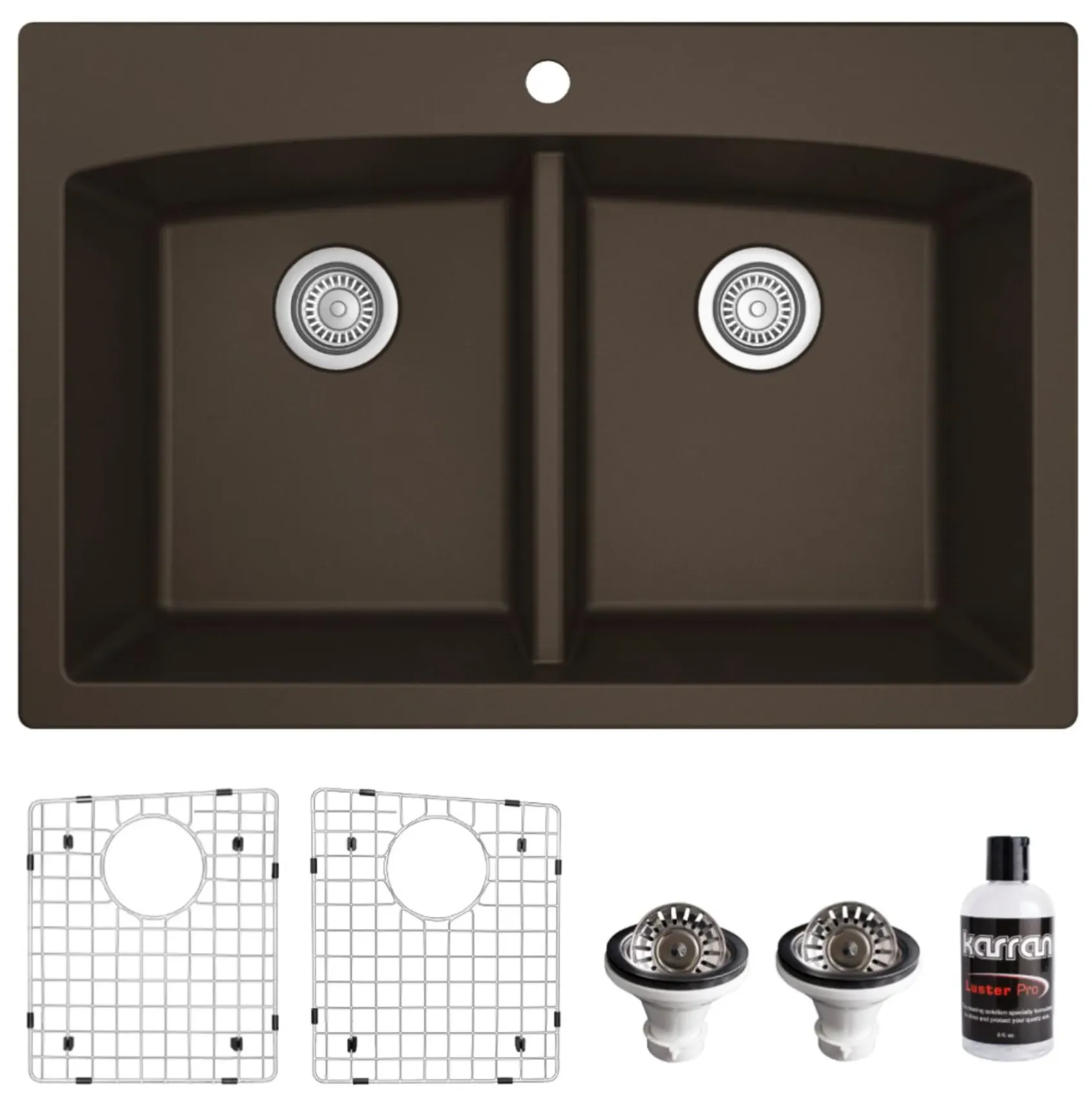 Karran 33" Drop In/Topmount Quartz Composite Kitchen Sink, 50/50 Double Bowl, Brown, QT-710-BR-PK1