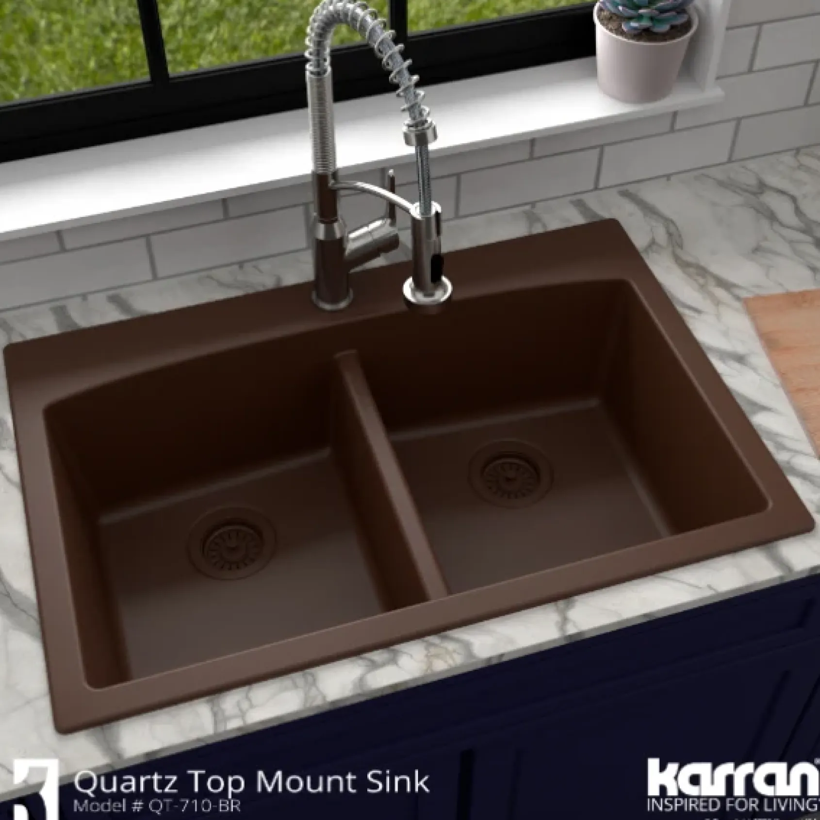 Karran 33" Drop In/Topmount Quartz Composite Kitchen Sink, 50/50 Double Bowl, Brown, QT-710-BR-PK1