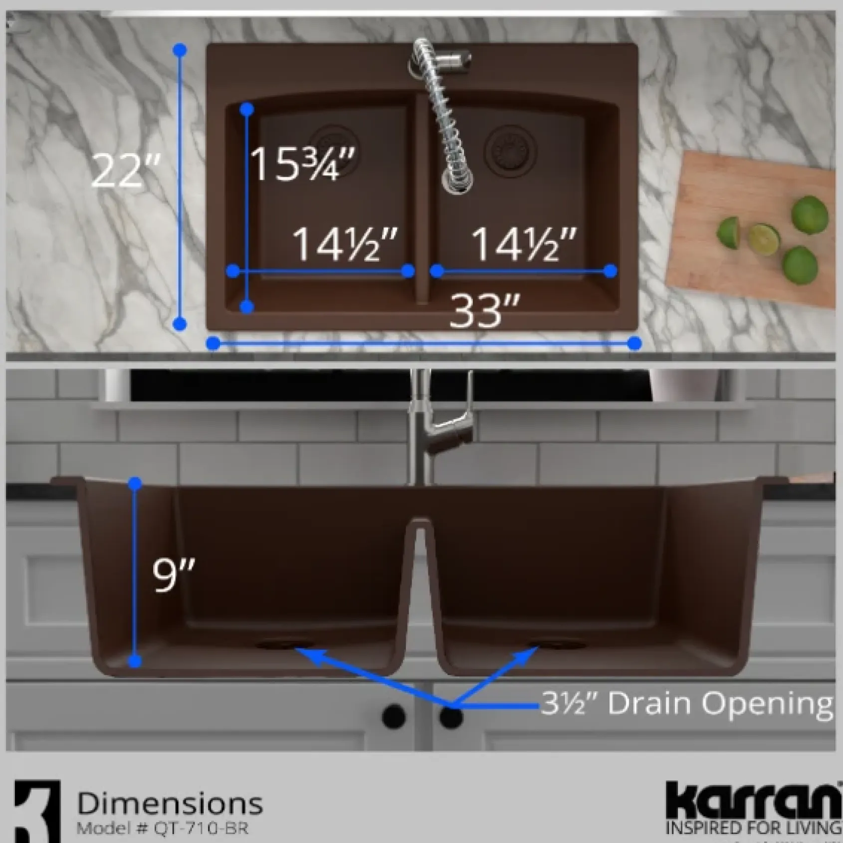 Karran 33" Drop In/Topmount Quartz Composite Kitchen Sink, 50/50 Double Bowl, Brown, QT-710-BR-PK1