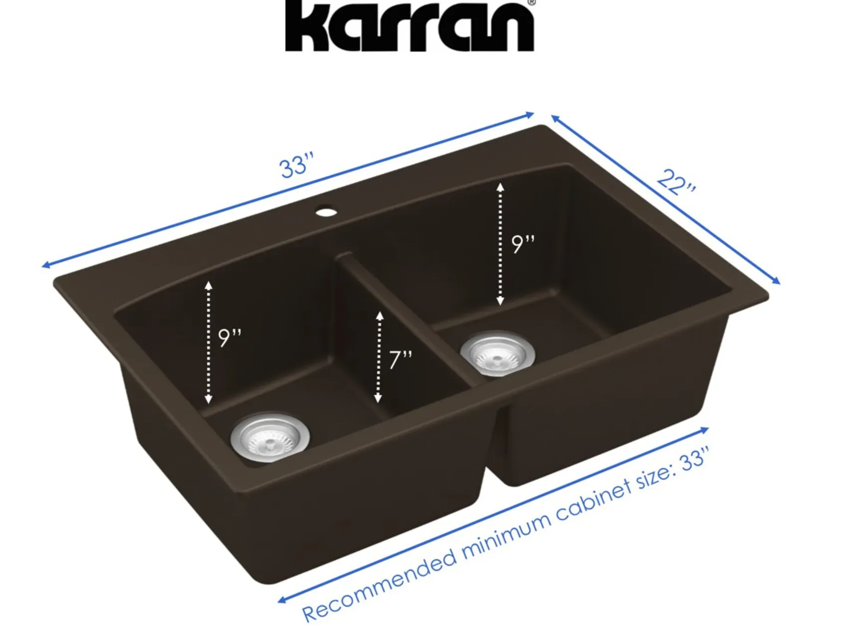 Karran 33" Drop In/Topmount Quartz Composite Kitchen Sink, 50/50 Double Bowl, Brown, QT-710-BR-PK1