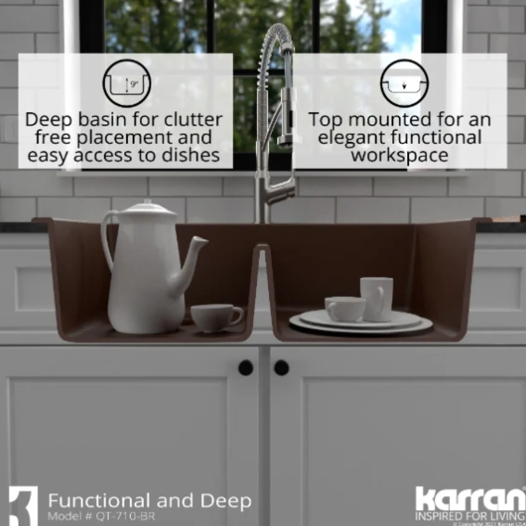 Karran 33" Drop In/Topmount Quartz Composite Kitchen Sink, 50/50 Double Bowl, Brown, QT-710-BR-PK1