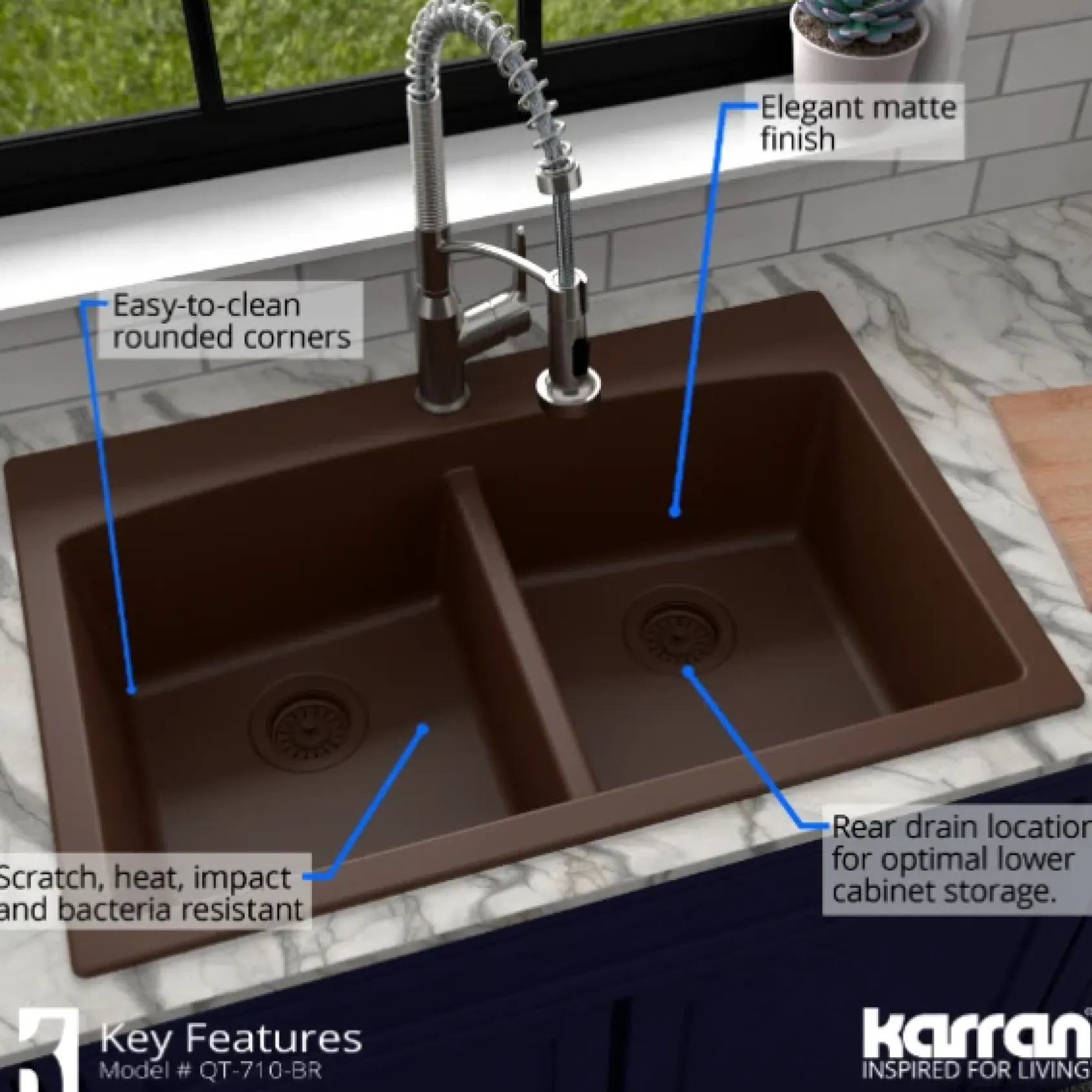 Karran 33" Drop In/Topmount Quartz Composite Kitchen Sink, 50/50 Double Bowl, Brown, QT-710-BR-PK1
