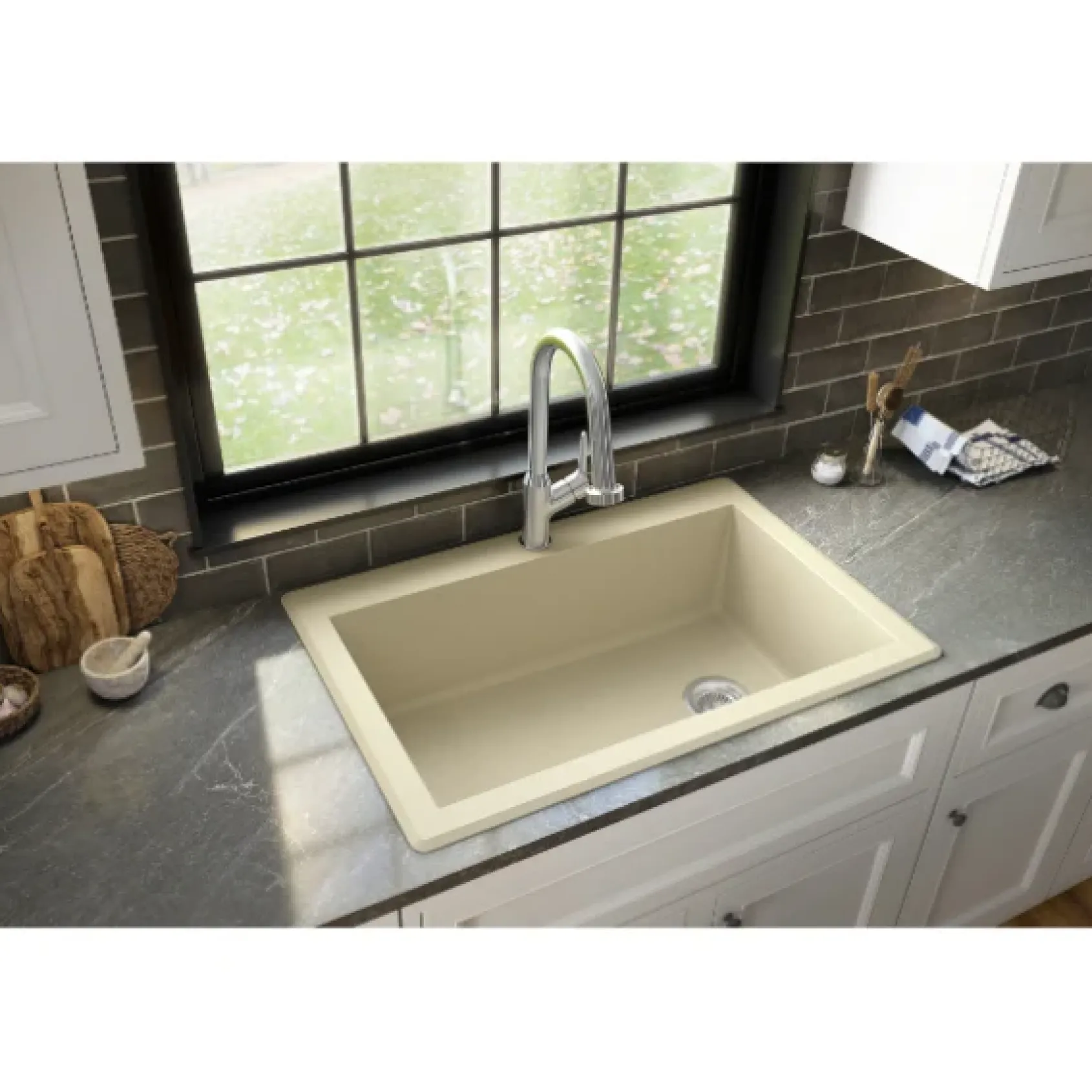 Karran 33" Drop In/Topmount Quartz Composite Kitchen Sink, Bisque, QT-670-BI-PK1