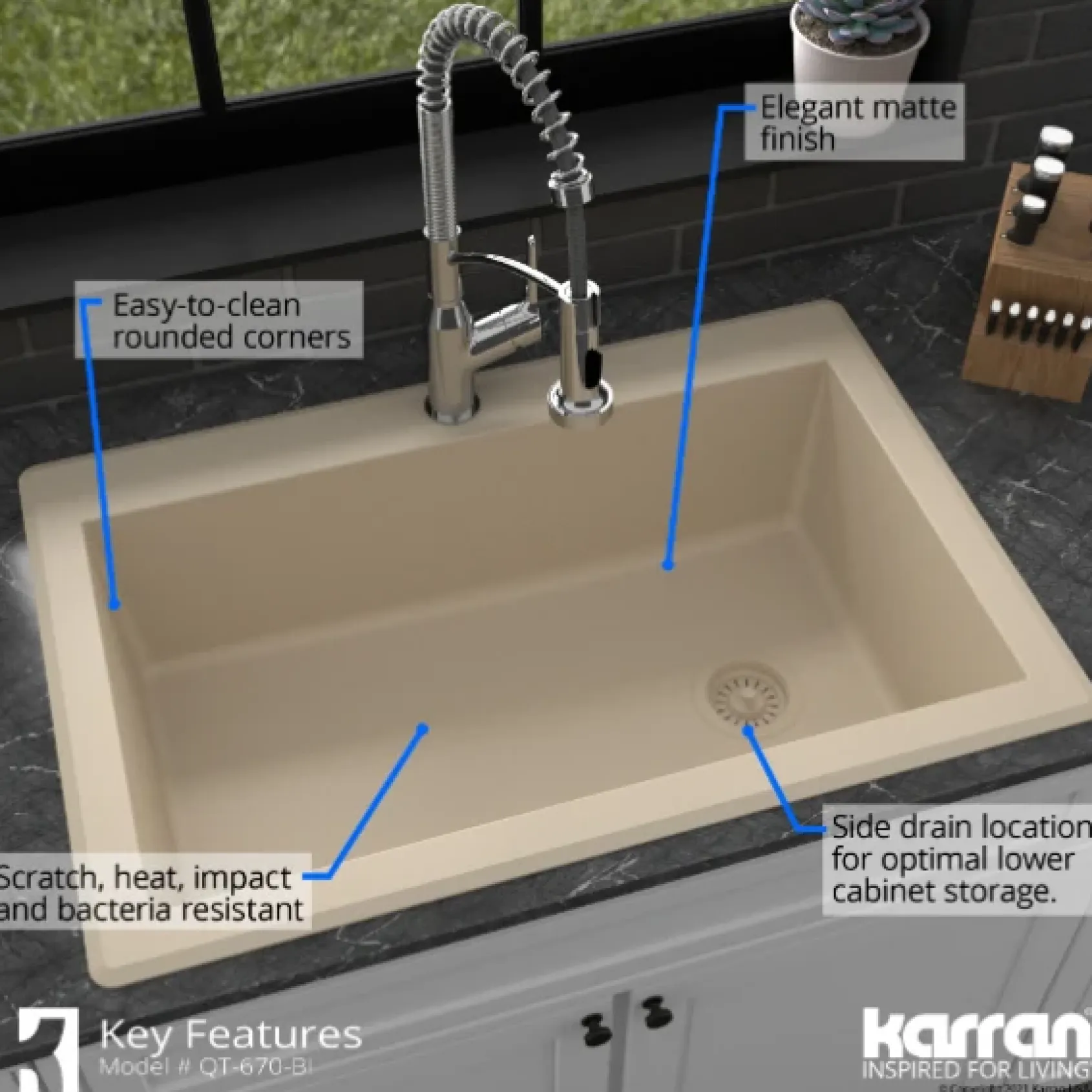 Karran 33" Drop In/Topmount Quartz Composite Kitchen Sink, Bisque, QT-670-BI-PK1