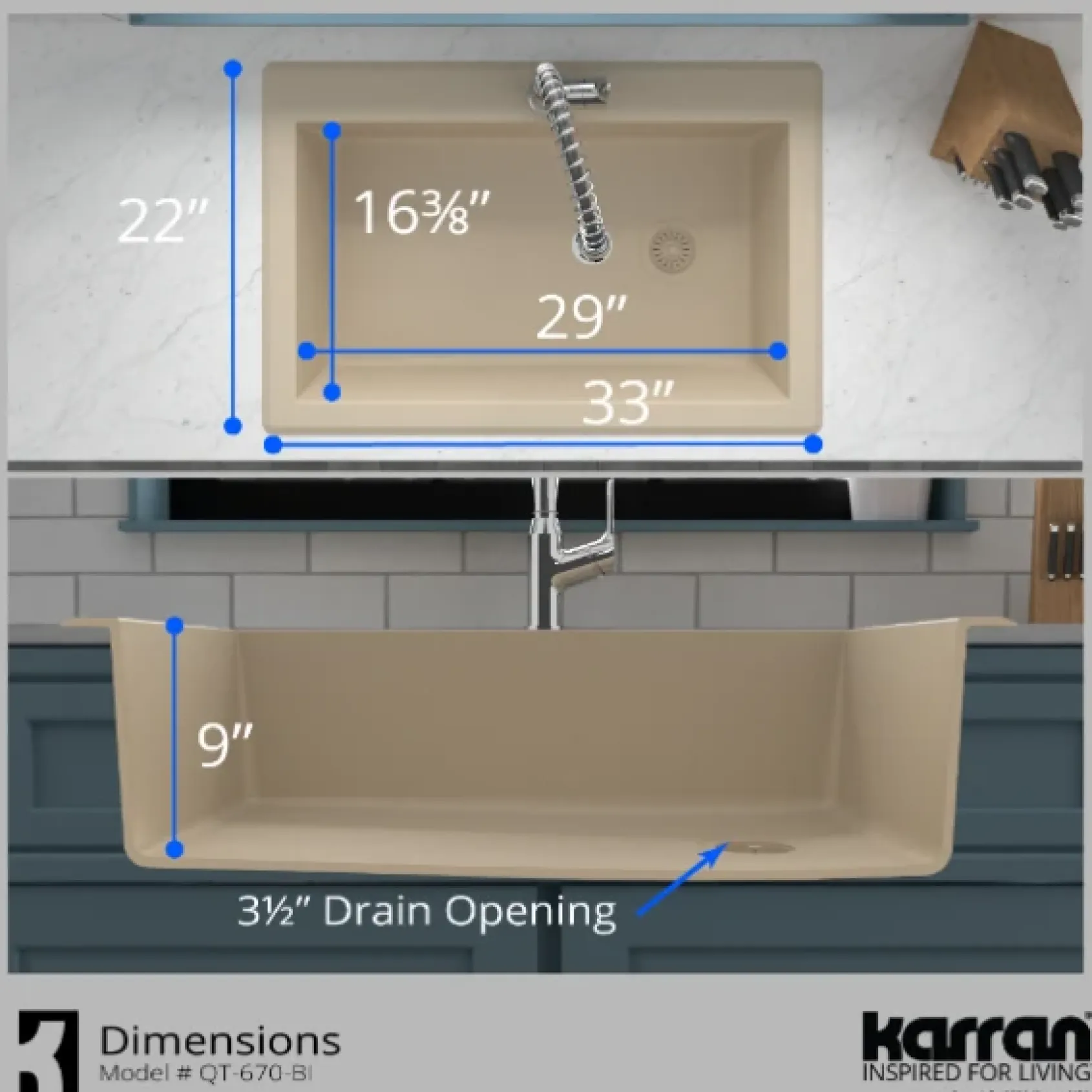 Karran 33" Drop In/Topmount Quartz Composite Kitchen Sink, Bisque, QT-670-BI-PK1