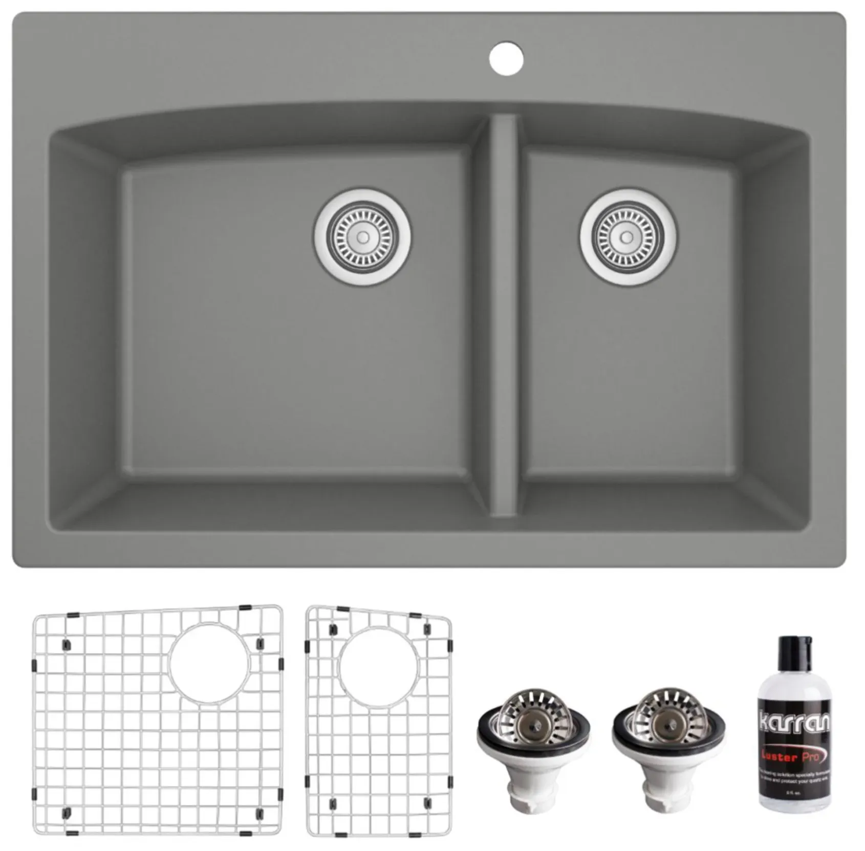 Karran 33" Drop In/Topmount Quartz Composite Kitchen Sink, 60/40 Double Bowl, Grey, QT-711-GR-PK1
