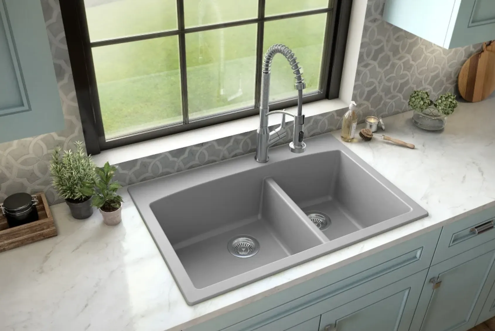 Karran 33" Drop In/Topmount Quartz Composite Kitchen Sink, 60/40 Double Bowl, Grey, QT-711-GR-PK1